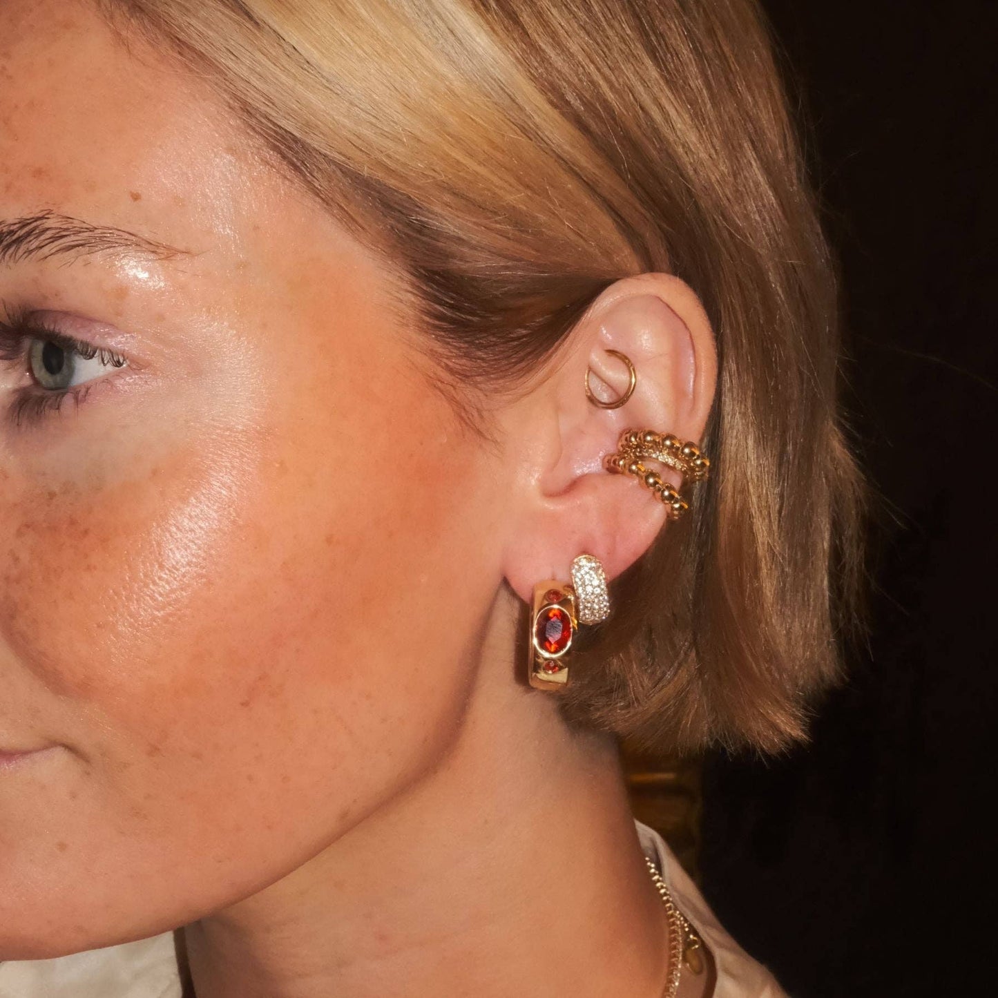 Red Wide CZ Bezel Hoops - Nickel & Suede