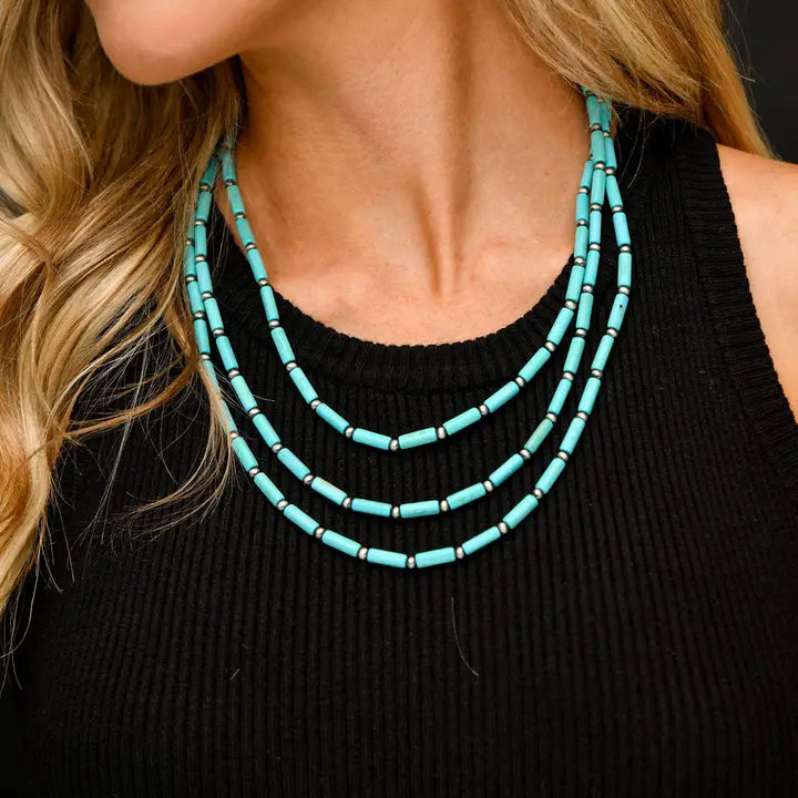 3 Strand Turquoise Tube Bead & Faux Navajo Pearl Necklace