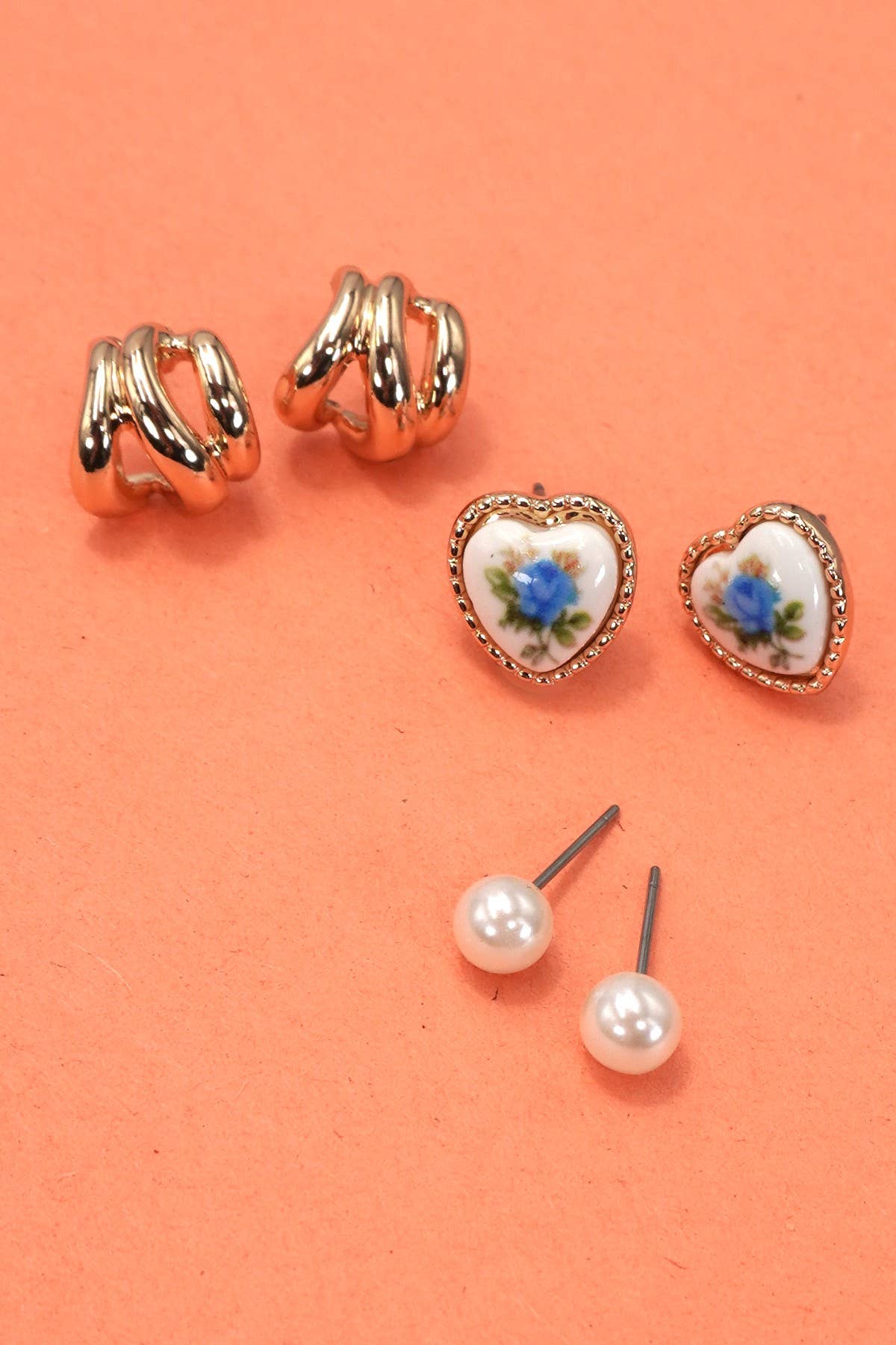 Heart Porcelain Stud Hoop Earring Set