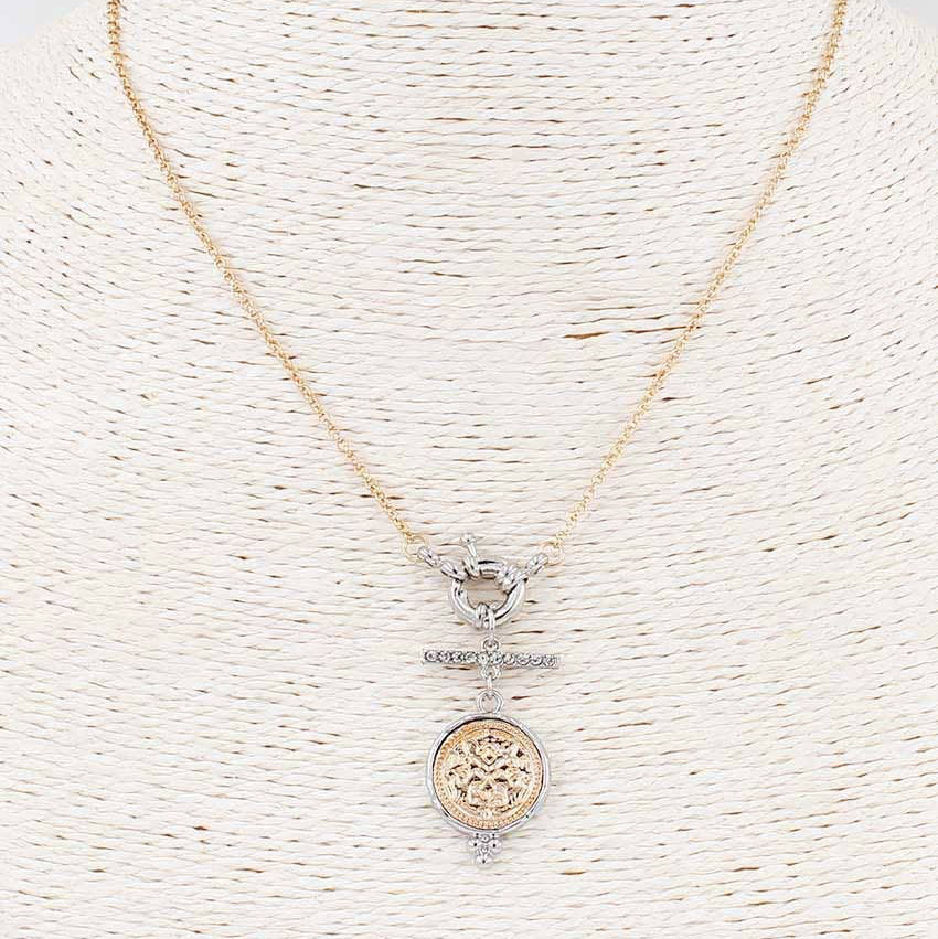 Gold Chain with Toggle and Silver and Gold Coin Charm Necklace 17"