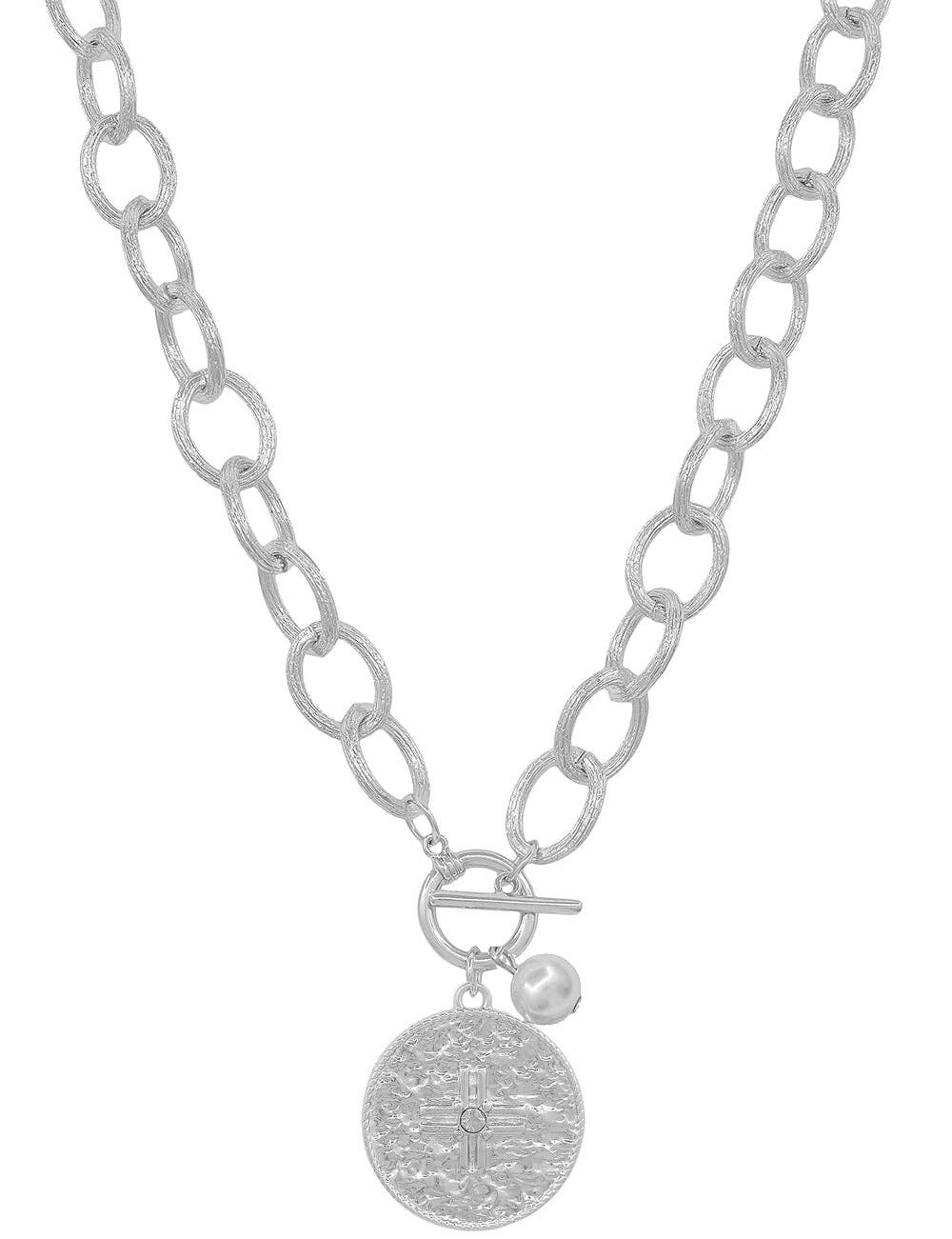 Silver Open Chain with Hammered Coin Toggle Charm