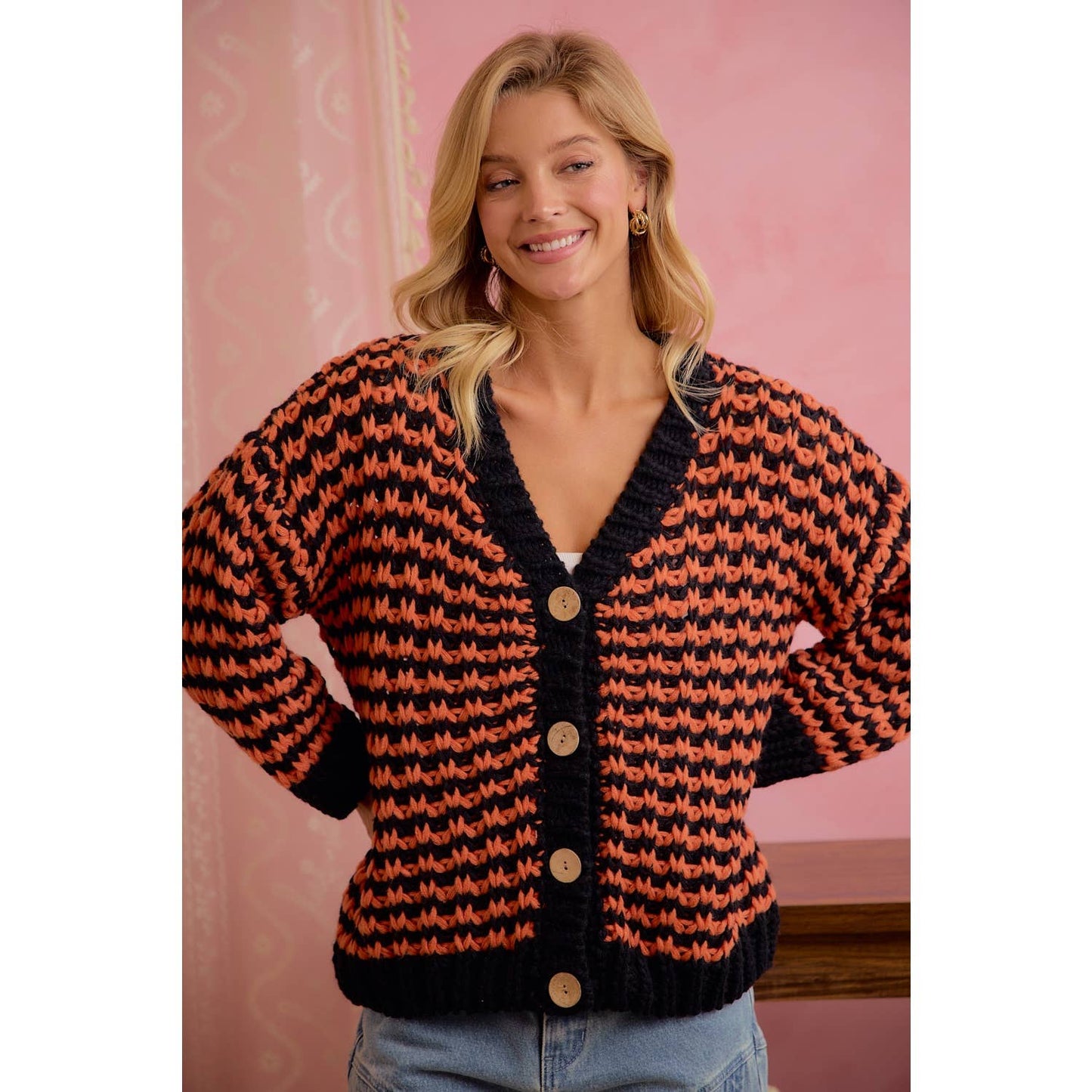 Orange and black chunky knit cardigan