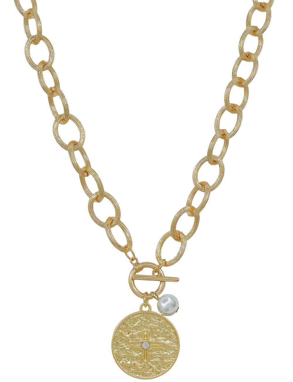 Gold Open Chain with Hammered Coin Toggle Charm 16"-18" Necklace
