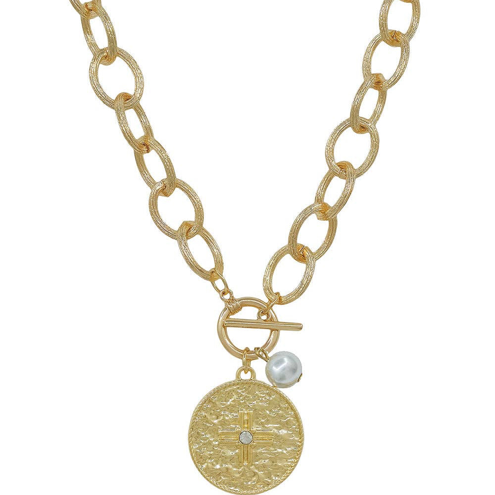 Gold Open Chain with Hammered Coin Toggle Charm 16"-18" Necklace