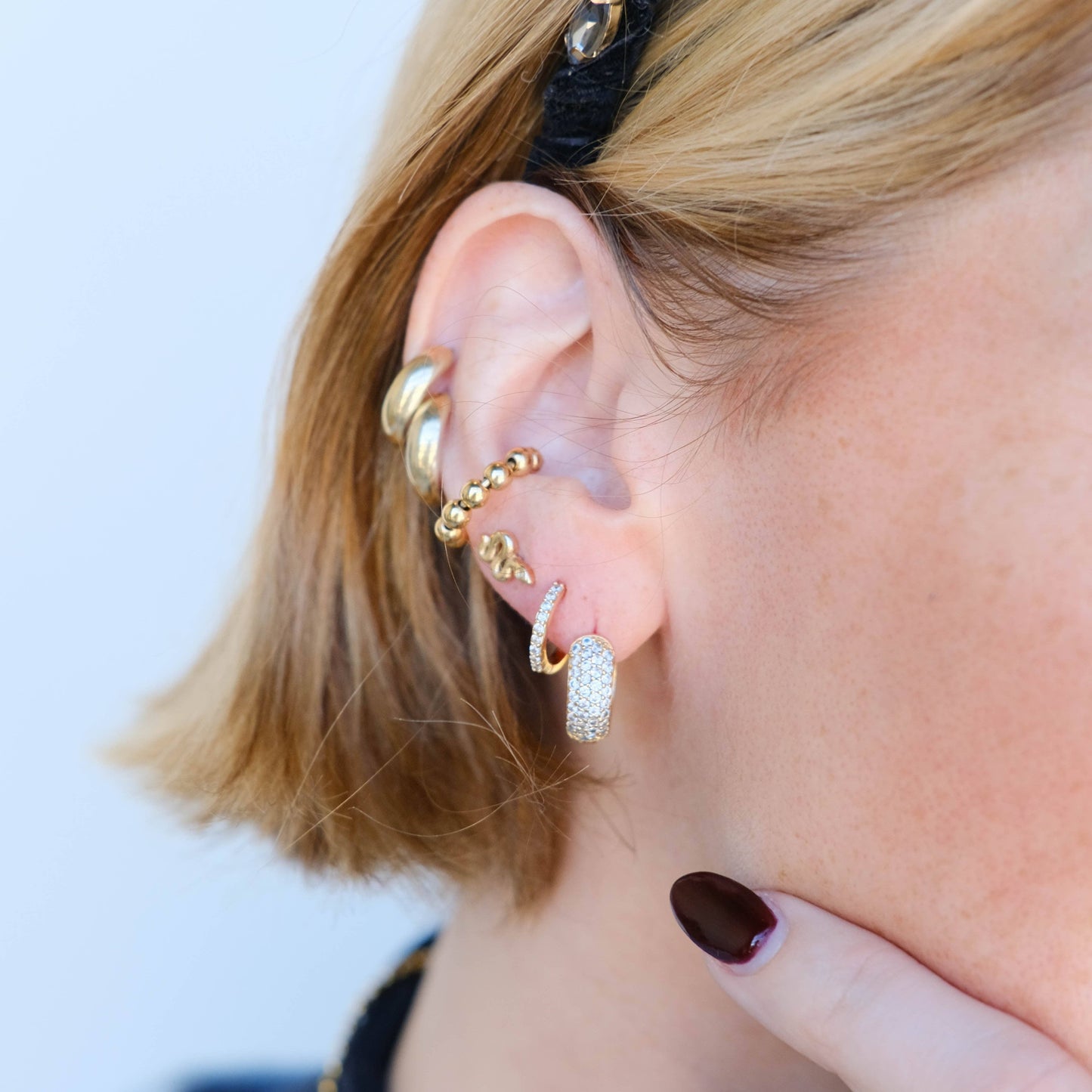 Gold Pavé Dome Huggies - Nickel & Suede