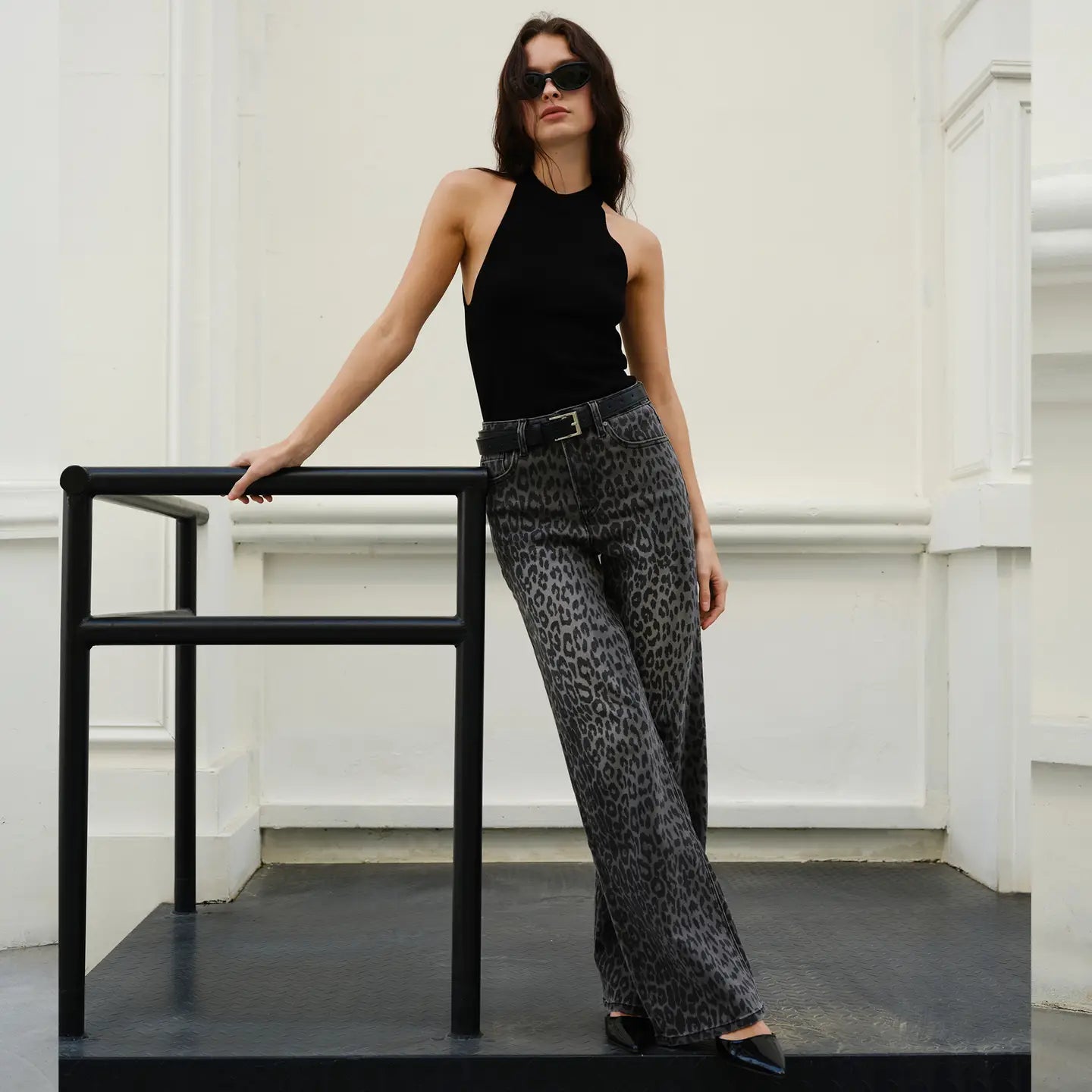 Black High Rise Leopard Print Wide Leg Pants