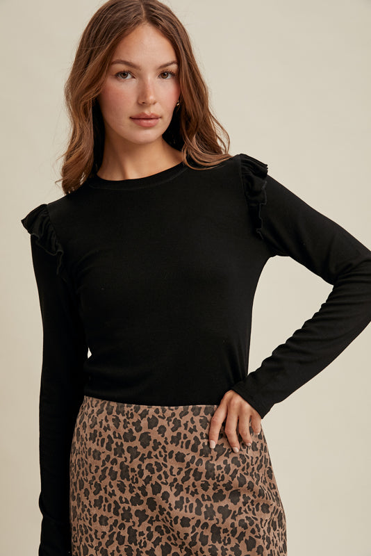 Black Ruffle Detail Knit Top