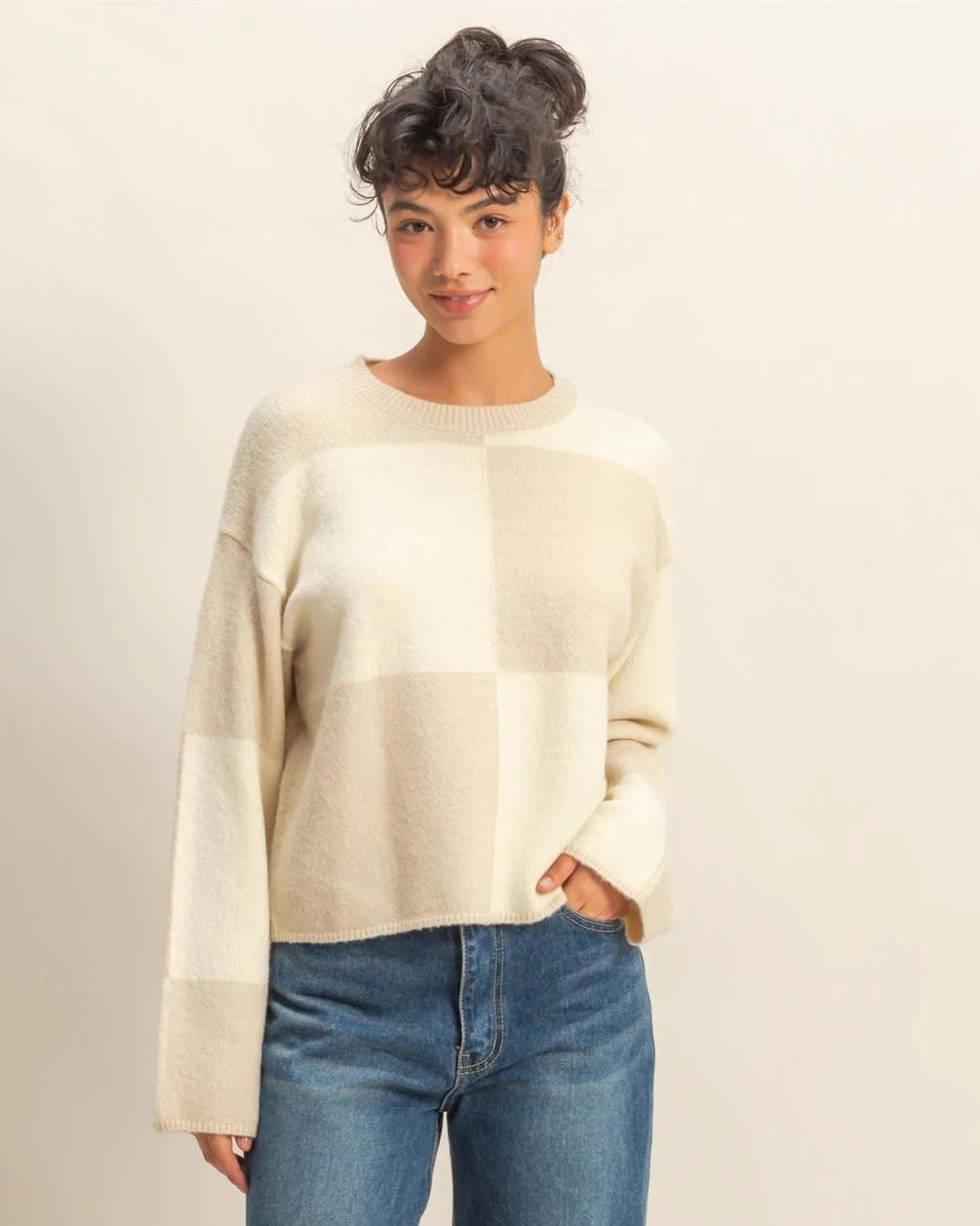 Cream Oversized Checkered Sweater