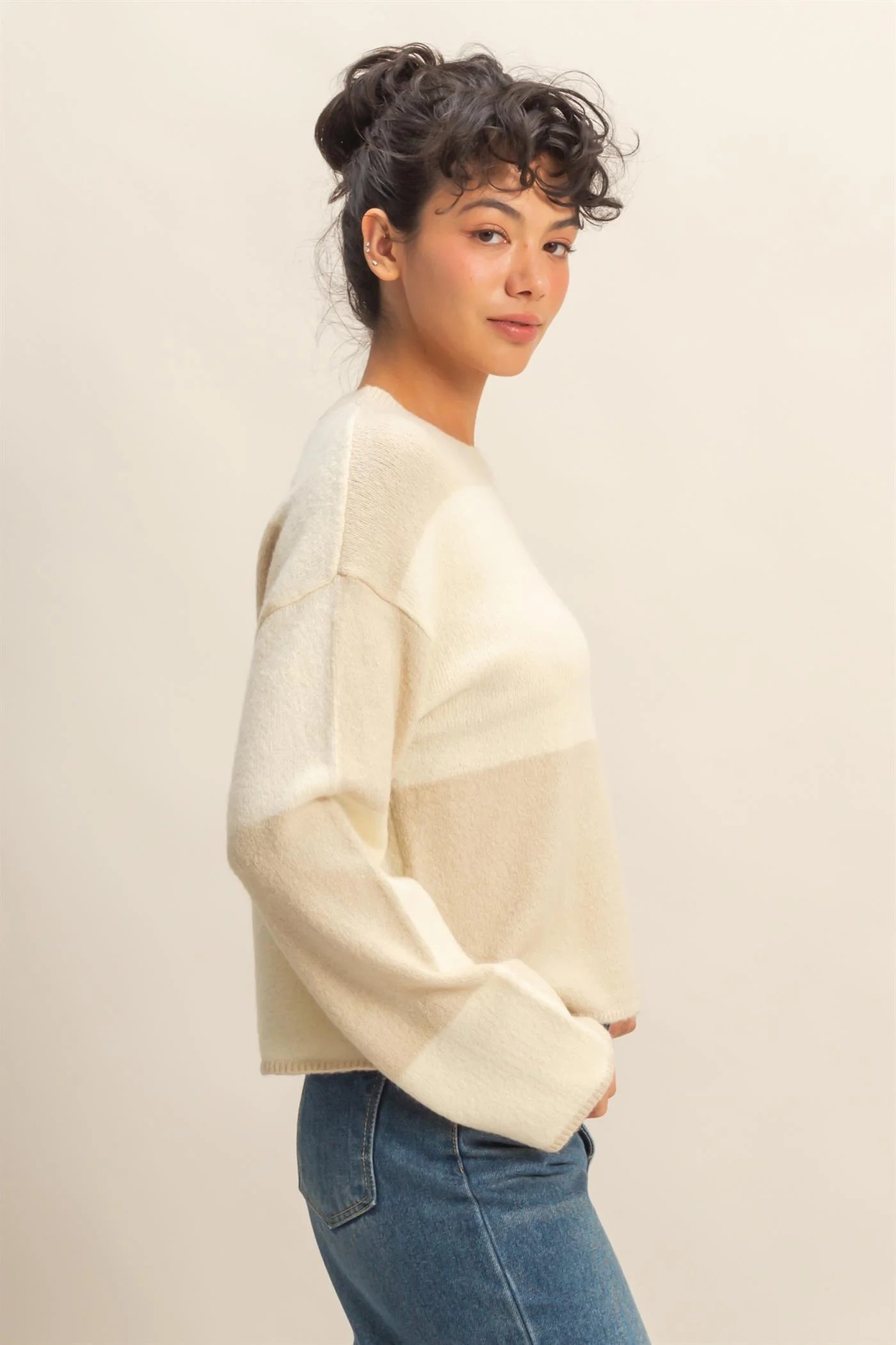 Cream Oversized Checkered Sweater