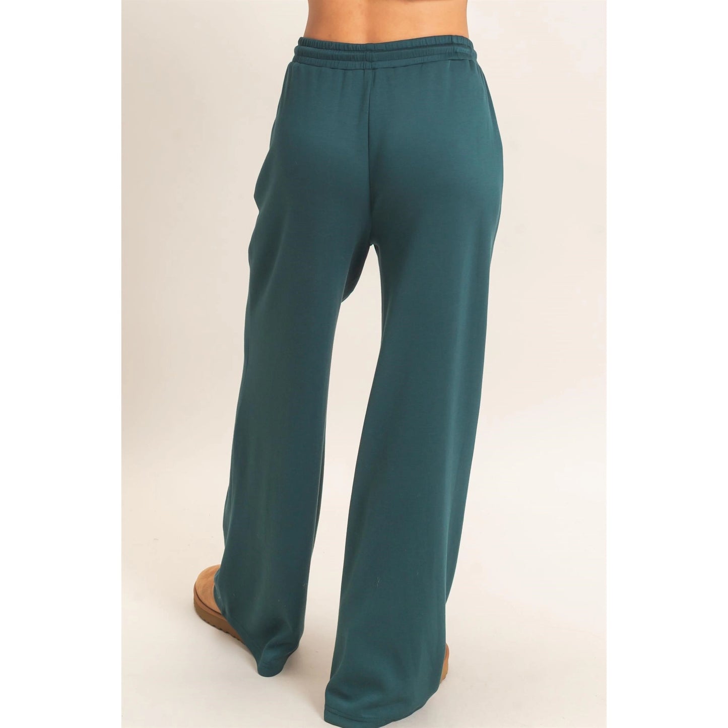 Deep Green Drawstring Waist Pintuck Wide Leg Pants