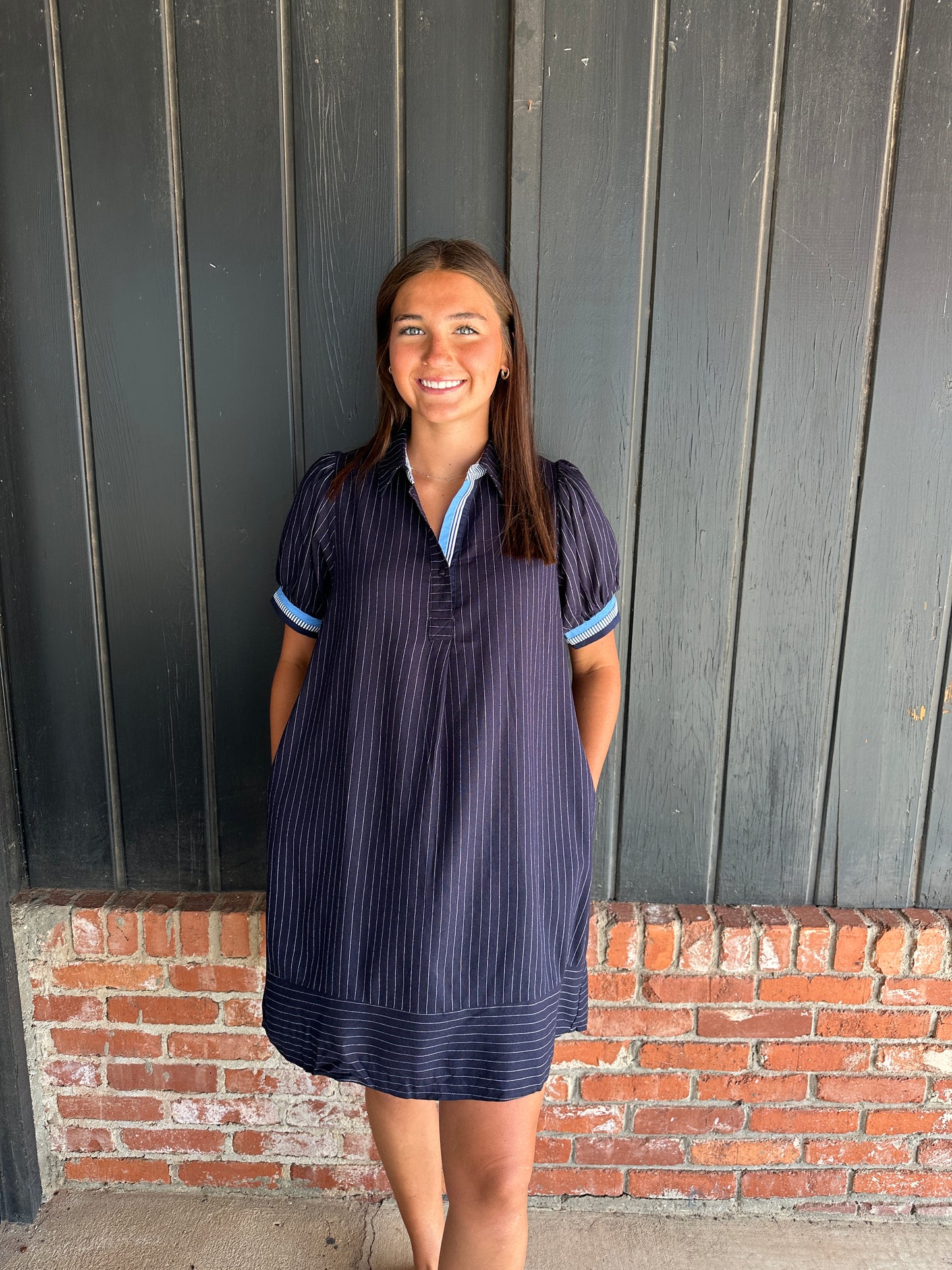 Navy linen striped polo dress