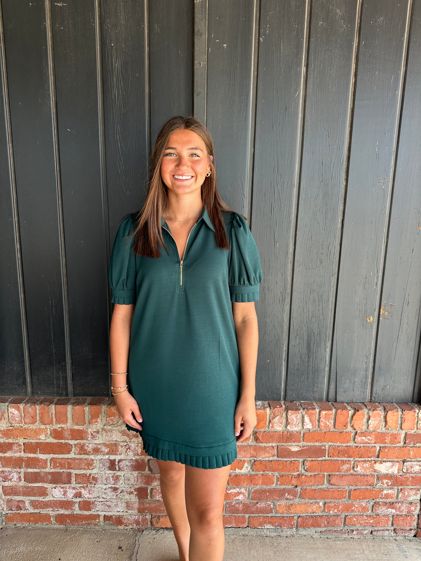 Hunter Green Scuba zip dress with detailed hem