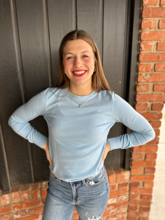 Sky Blue Basic Crew Neck Soft Knit Sweater