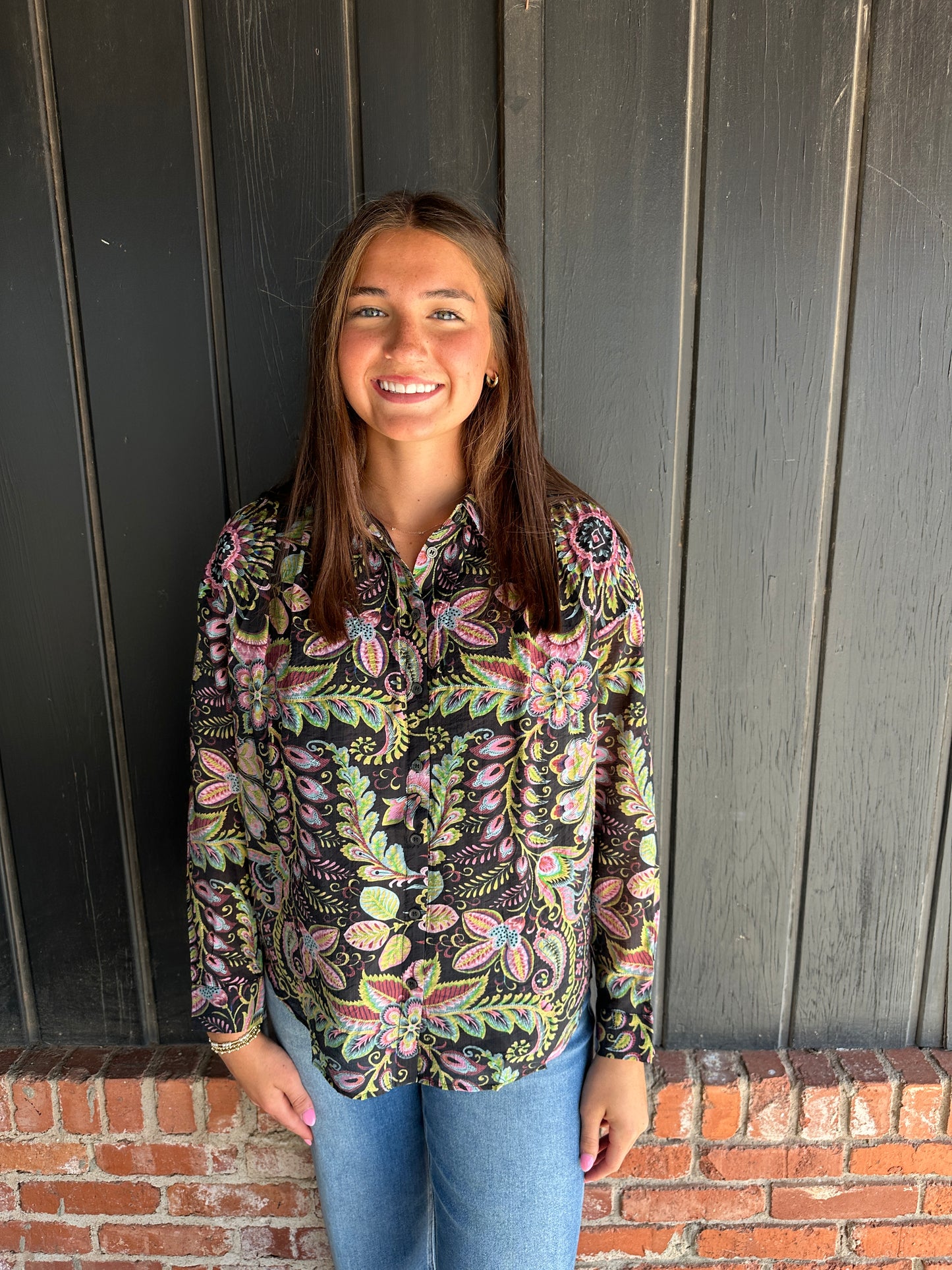 The Vera Black multi color button down top