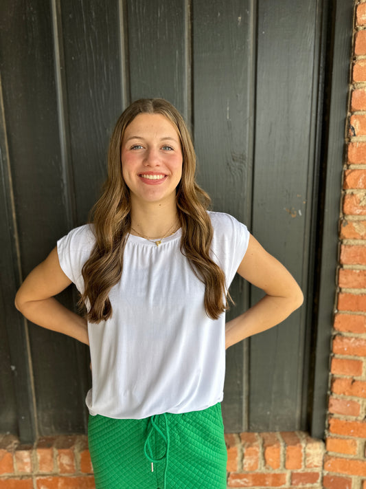 White Rouched Shoulder Jersey Top