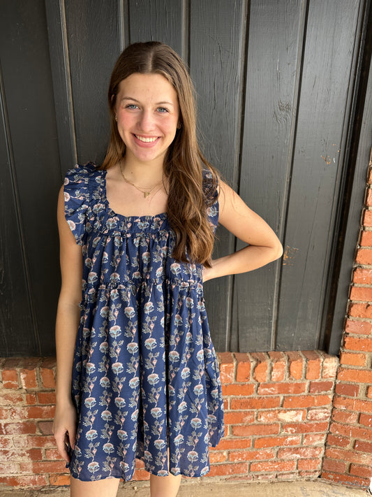 Navy Floral Ruffle Detail Mini Dress