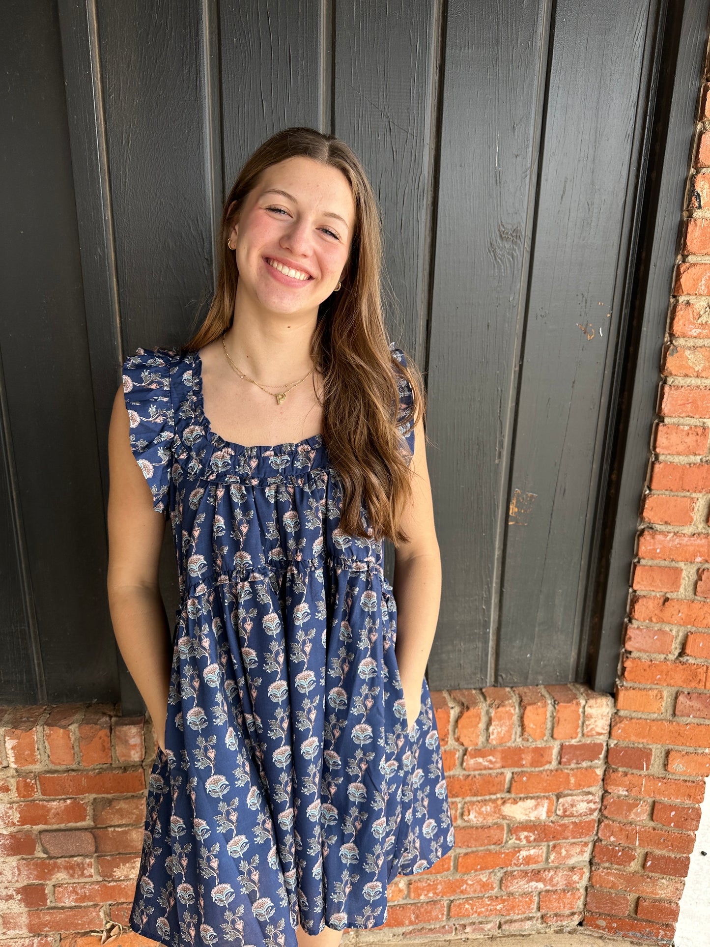 Navy Floral Ruffle Detail Mini Dress