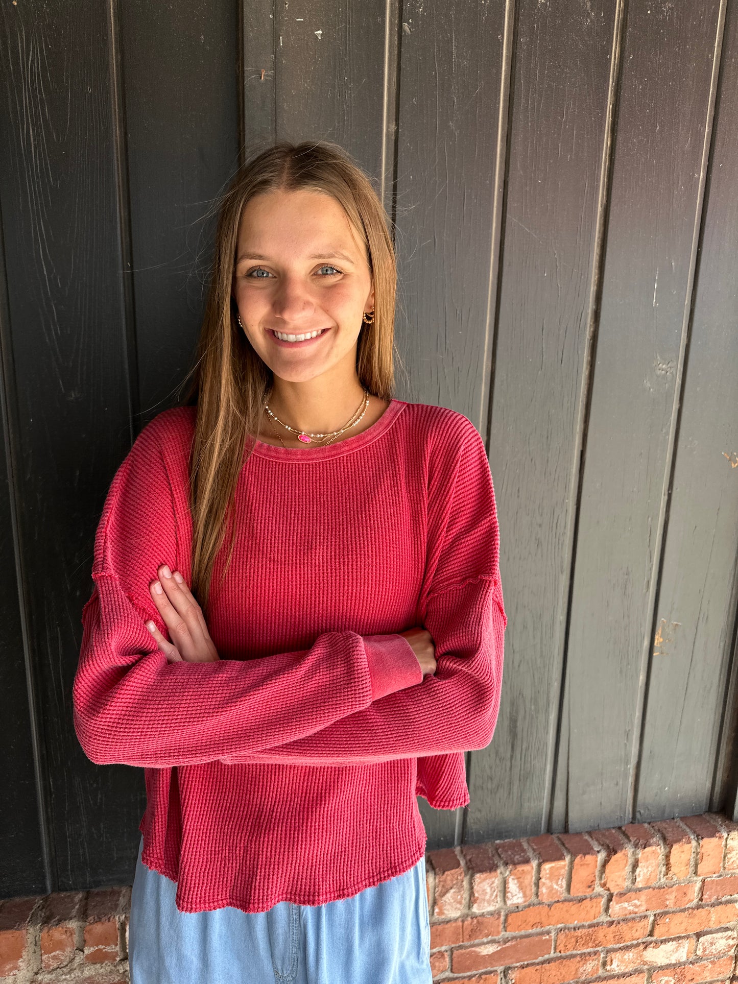 Red Waffle Knit Top