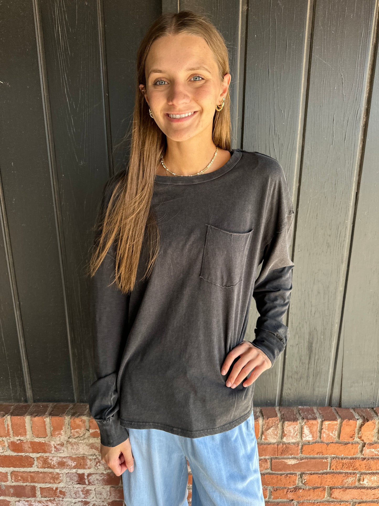 Black Oversized Washed Long Sleeve Pocket Tee