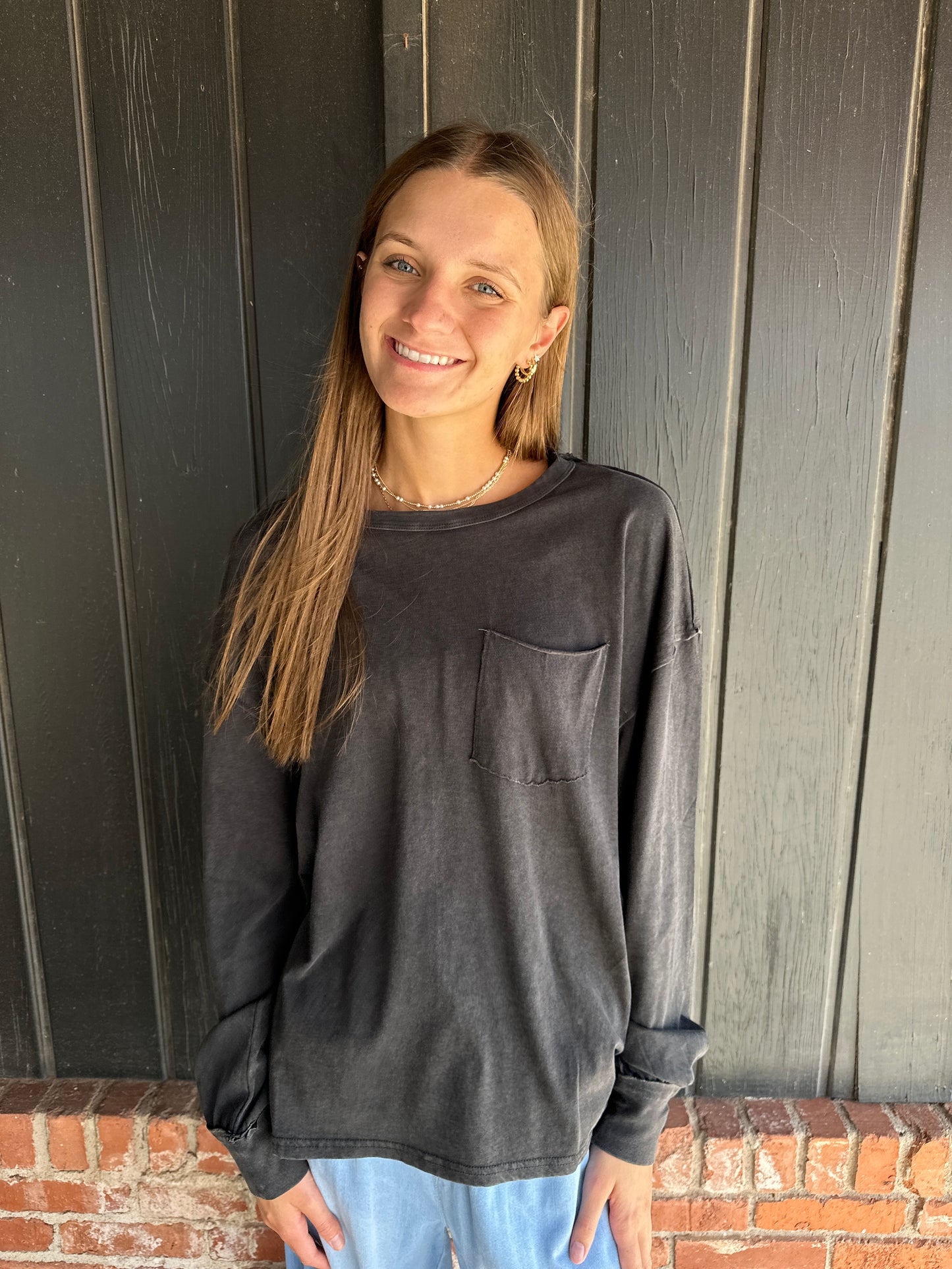 Black Oversized Washed Long Sleeve Pocket Tee