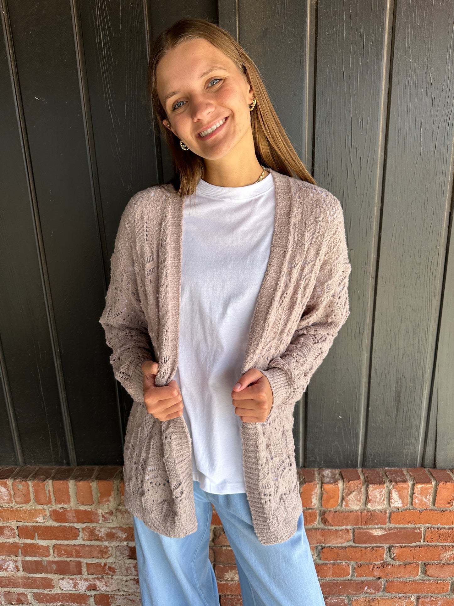 Mocha Crochet Open Front Cardigan
