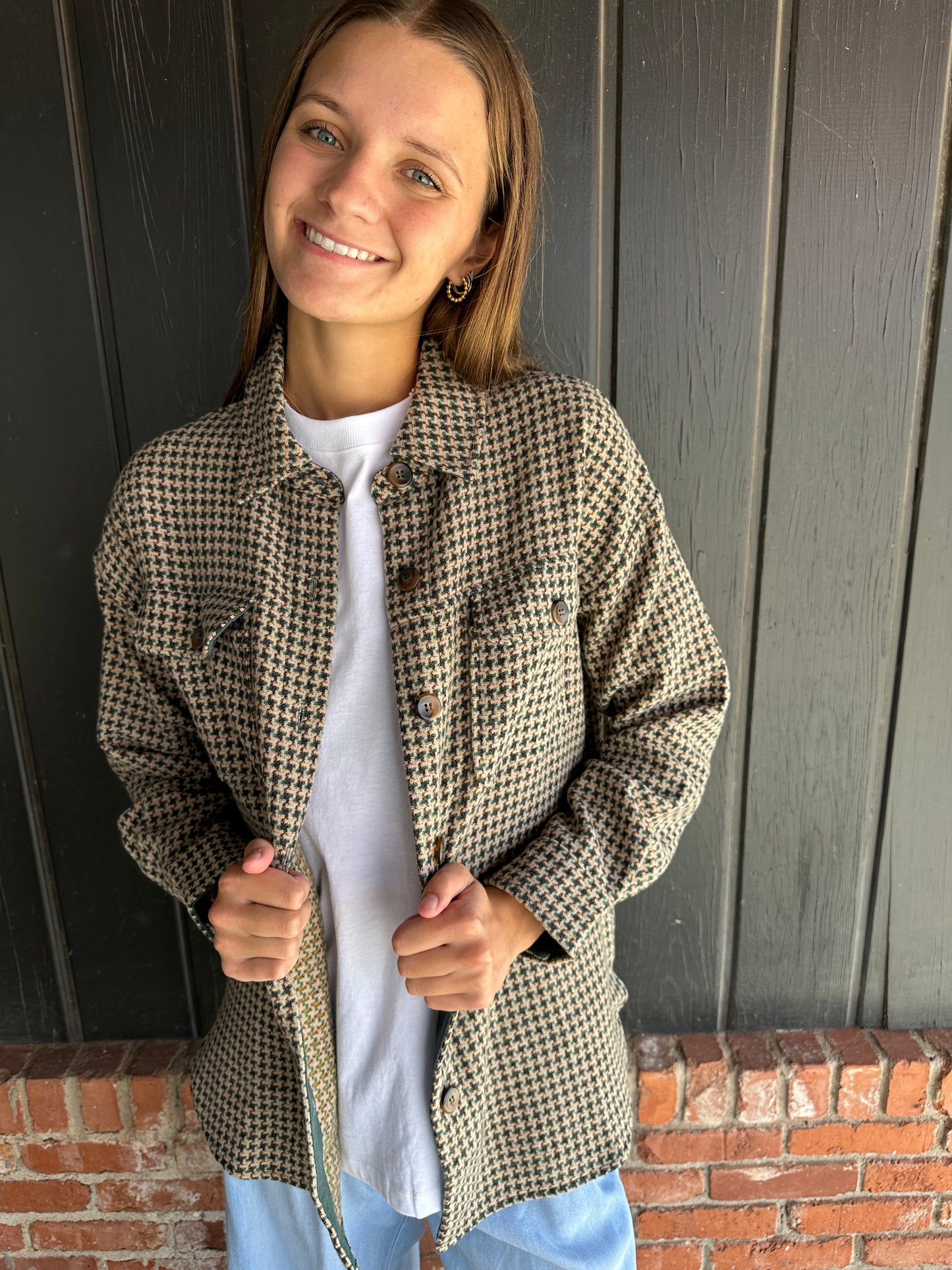 Green Houndstooth Button Down Shacket
