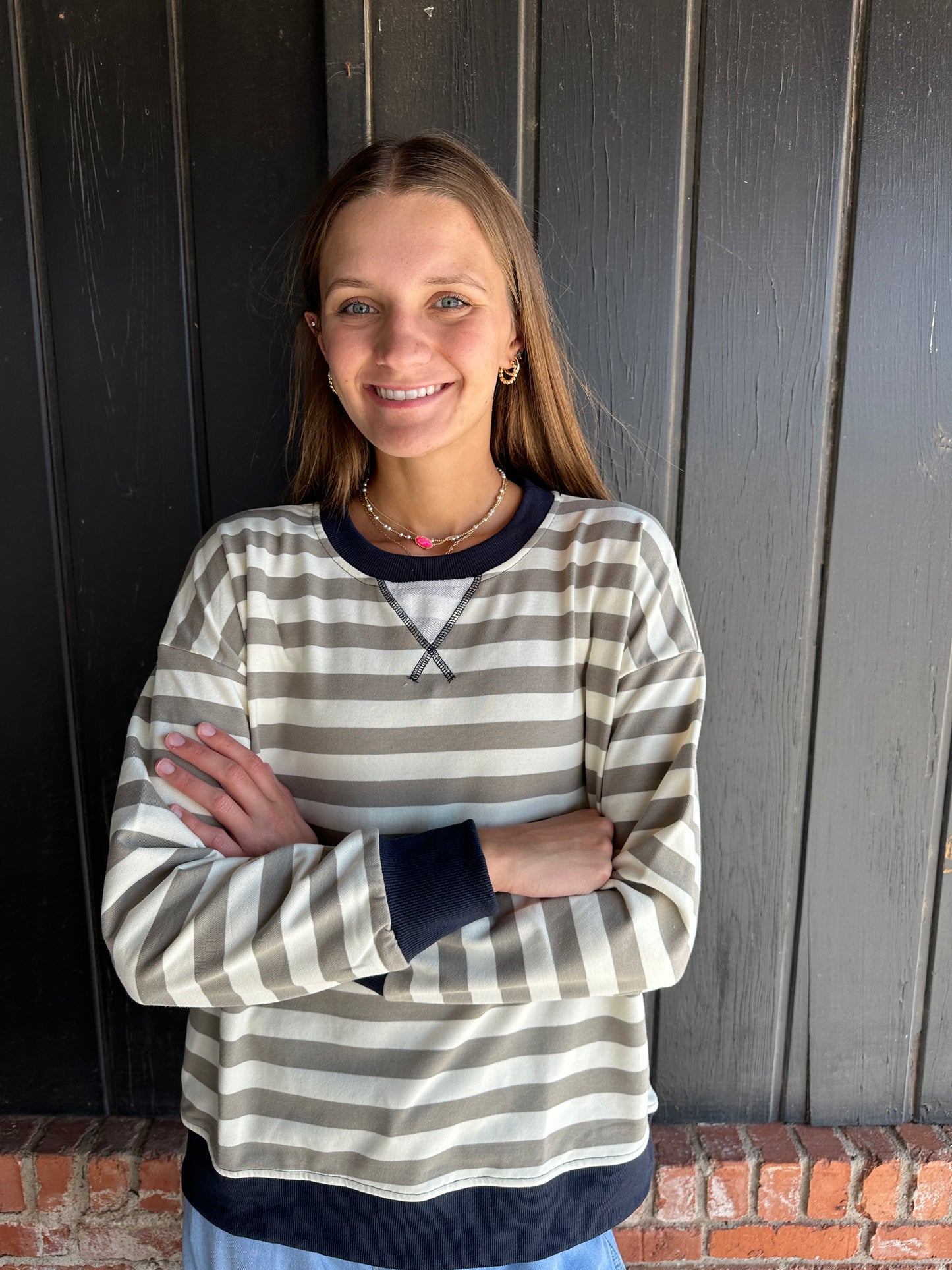 Olive/ Navy Striped oversized sweatshirt