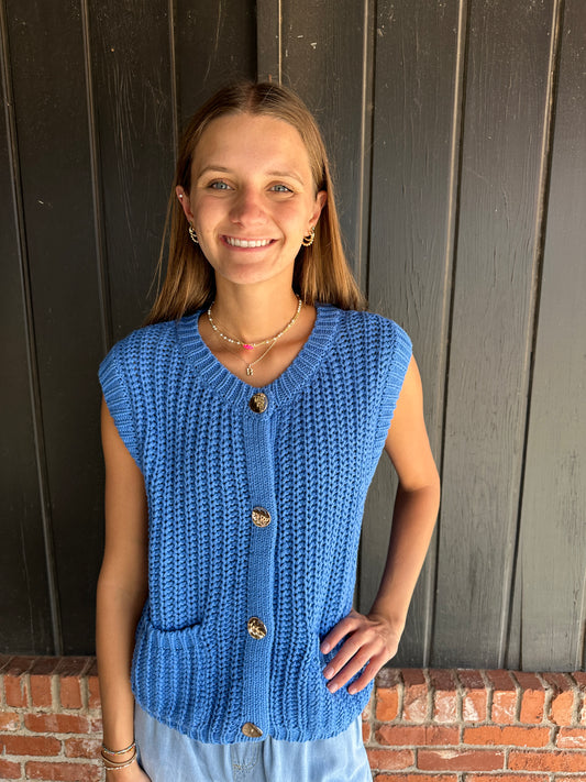 Blue Sweater Vest with Pockets