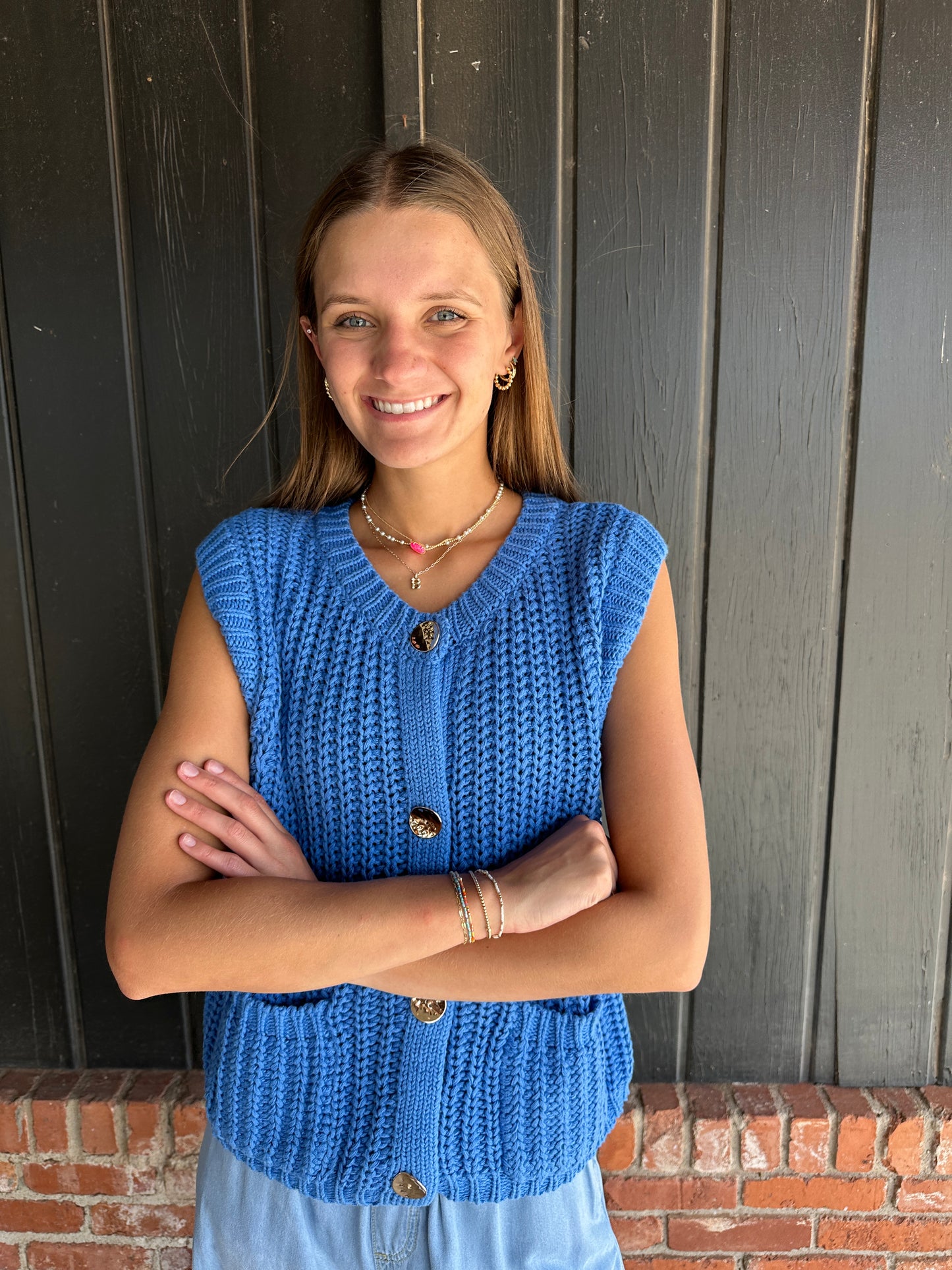 Blue Sweater Vest with Pockets