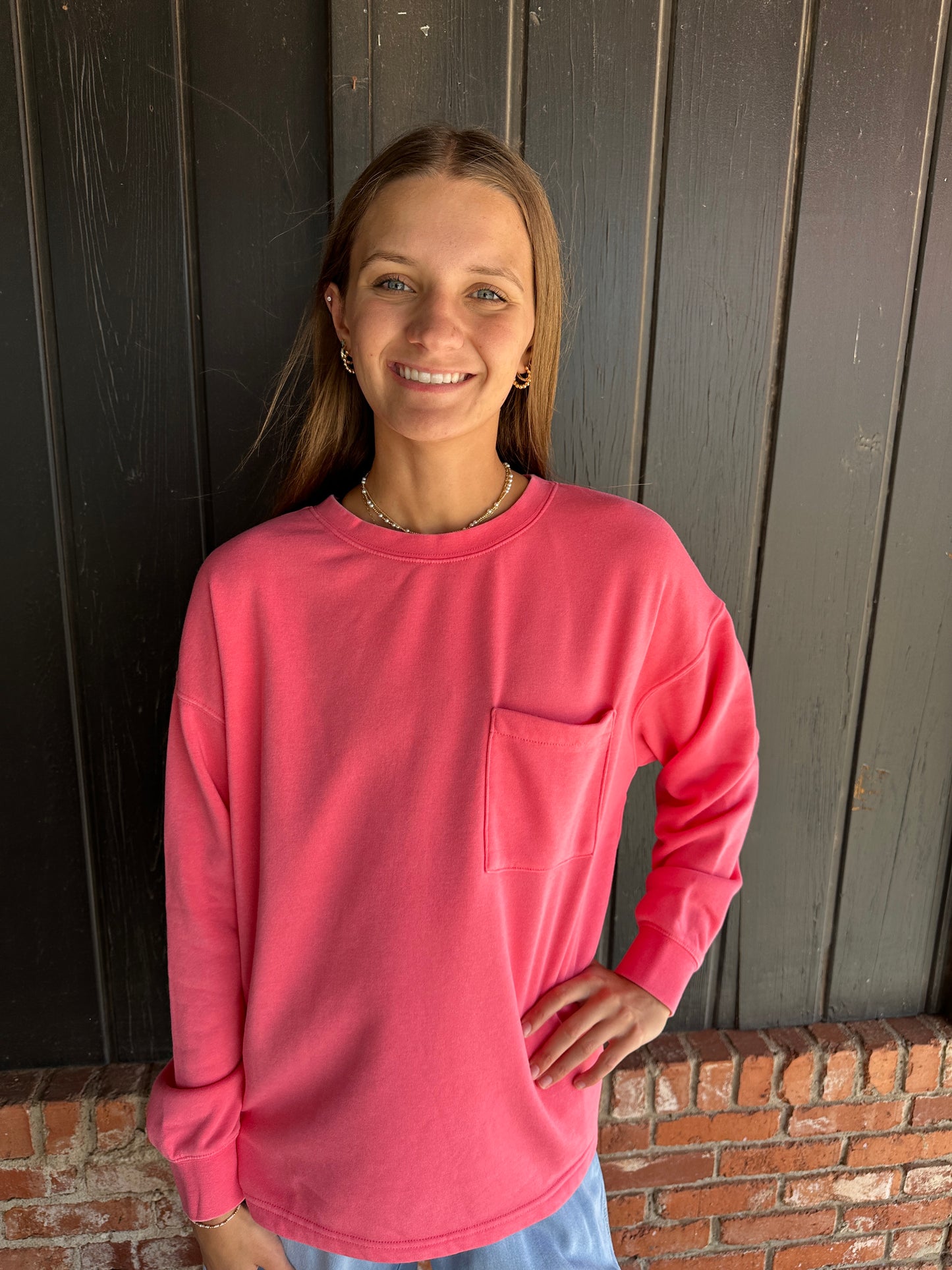 Taffy Pink Basic Crew Neck Single Pocket Pullover Sweatshirt