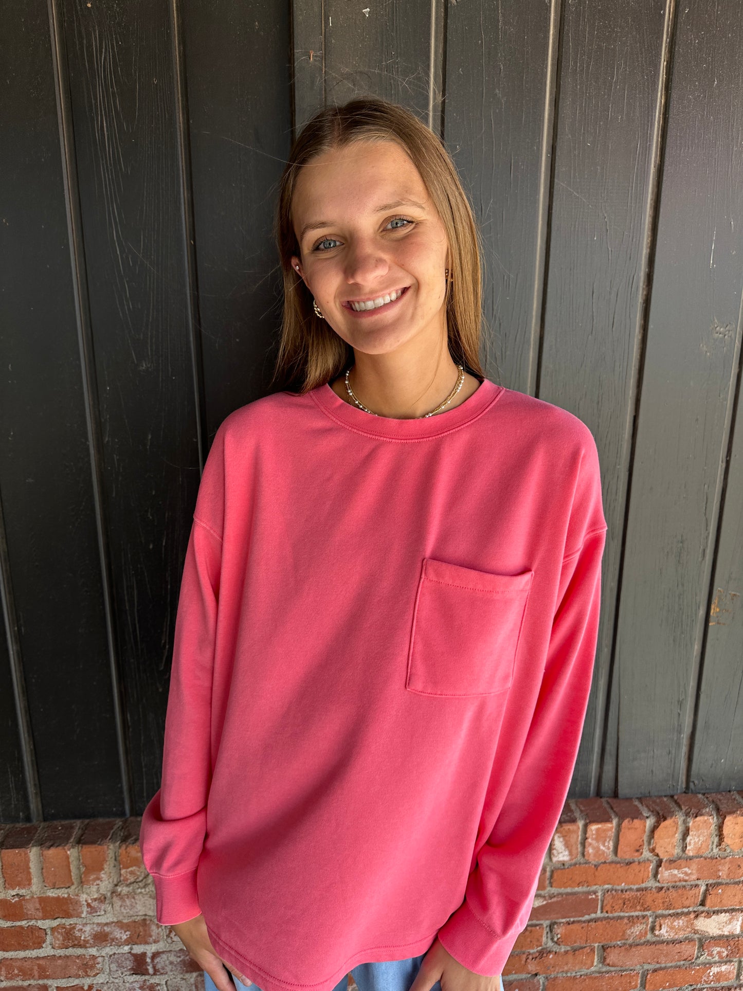 Taffy Pink Basic Crew Neck Single Pocket Pullover Sweatshirt