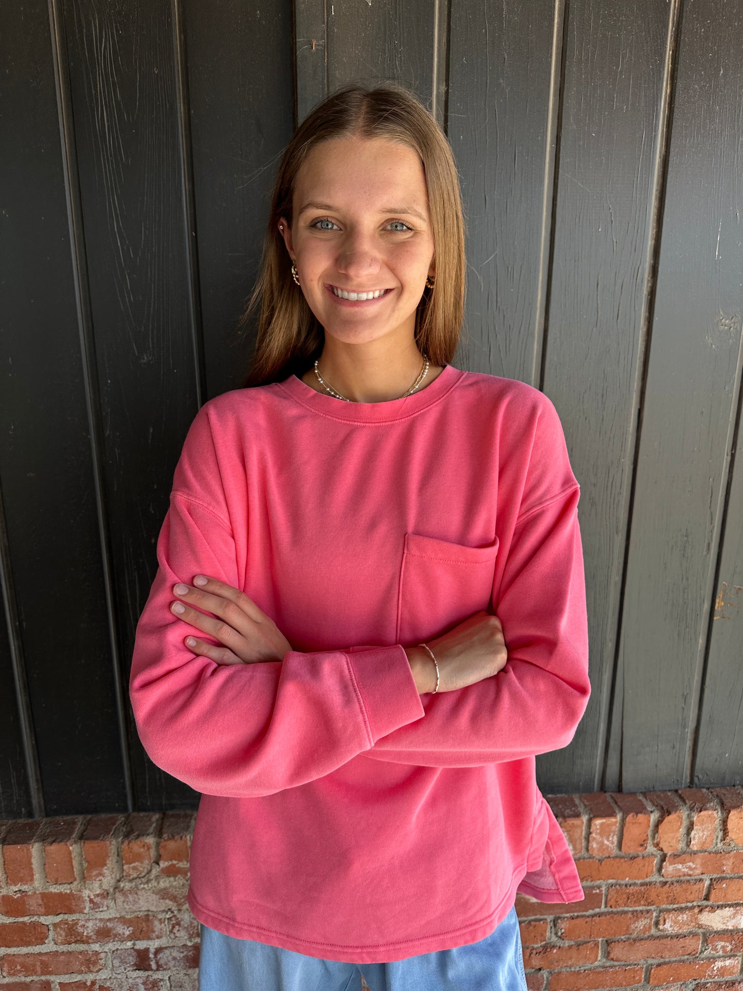 Taffy Pink Basic Crew Neck Single Pocket Pullover Sweatshirt