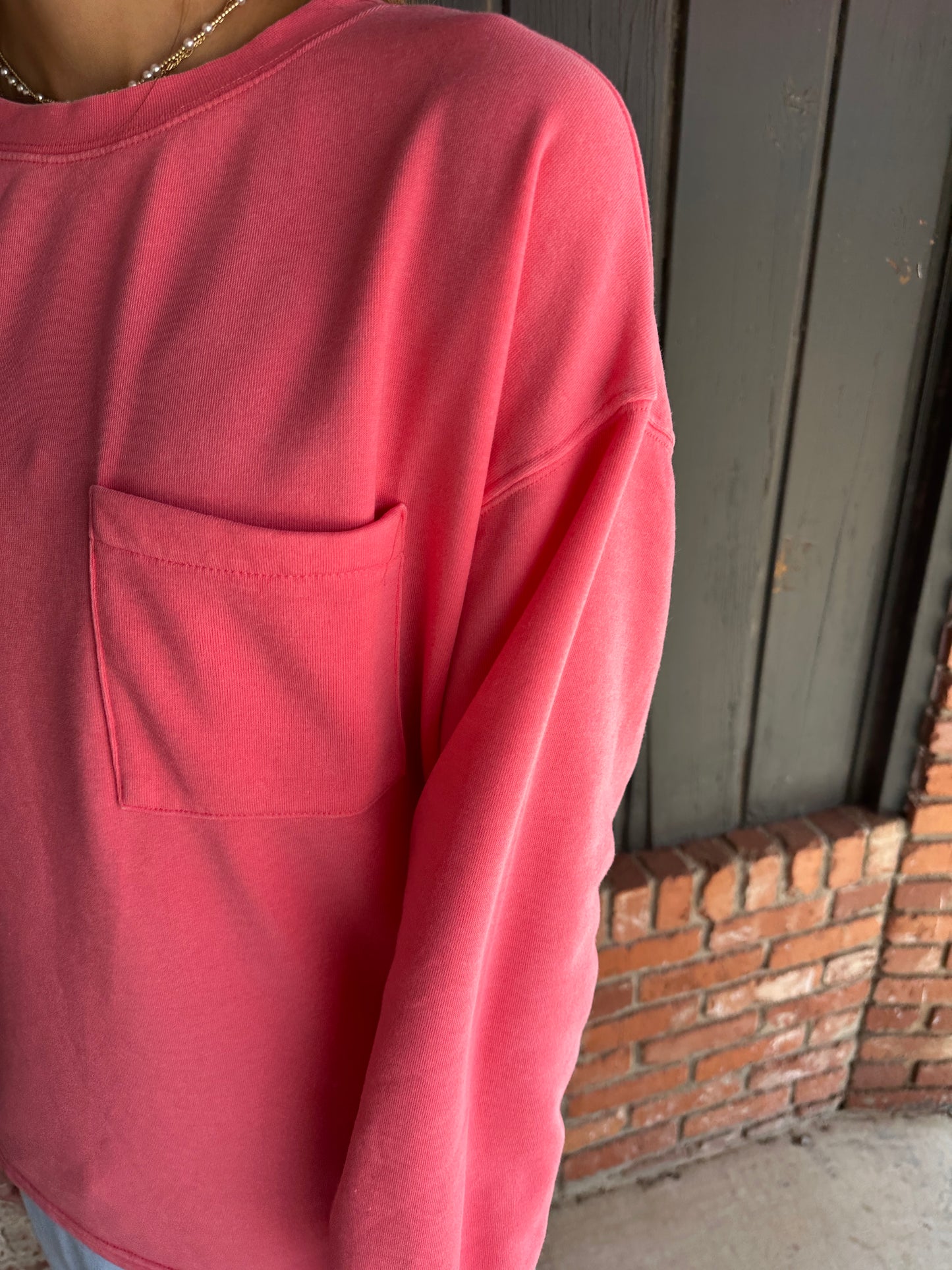 Taffy Pink Basic Crew Neck Single Pocket Pullover Sweatshirt