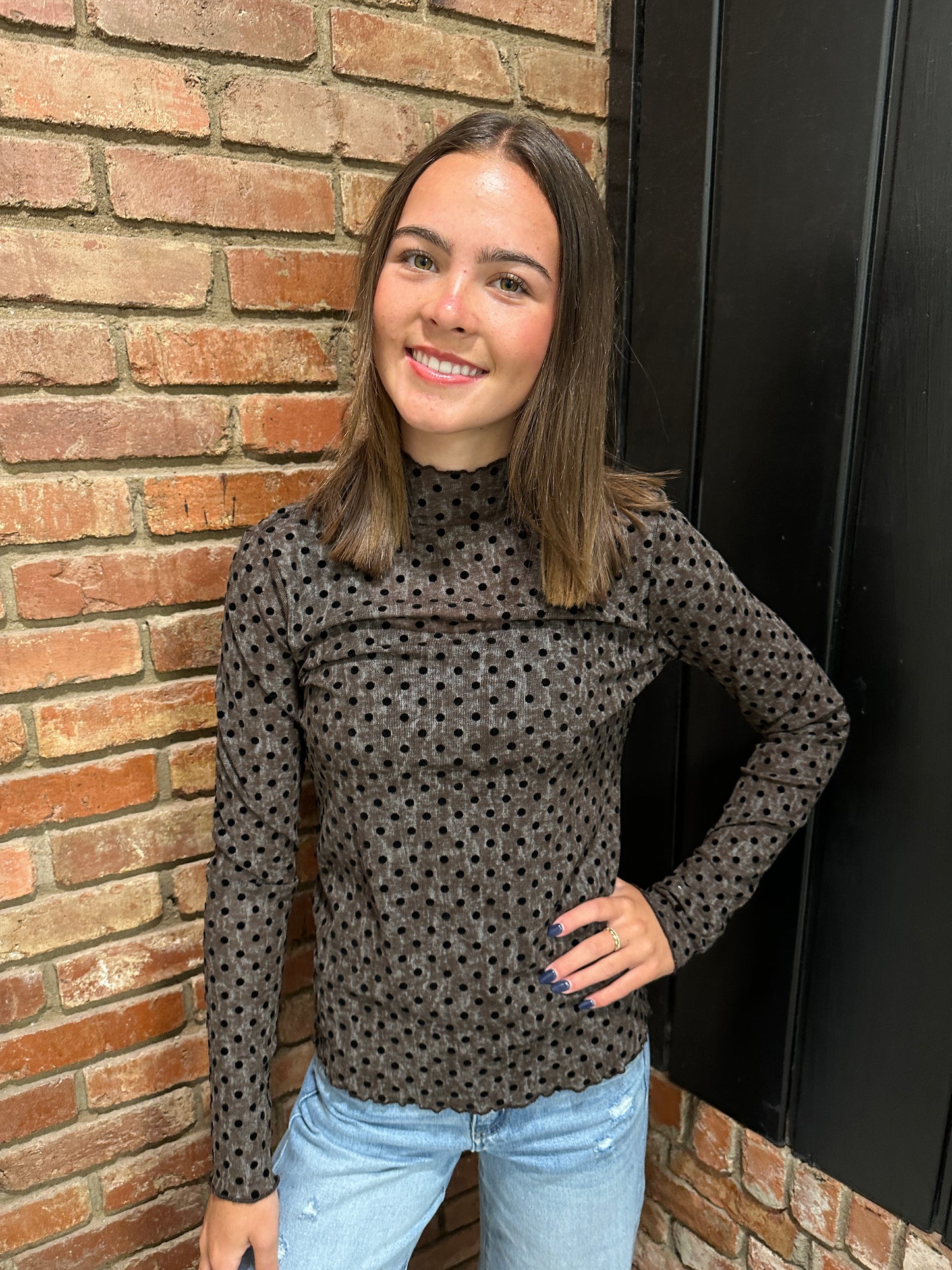 Polka Dot Mock Neck Long Sleeve Top