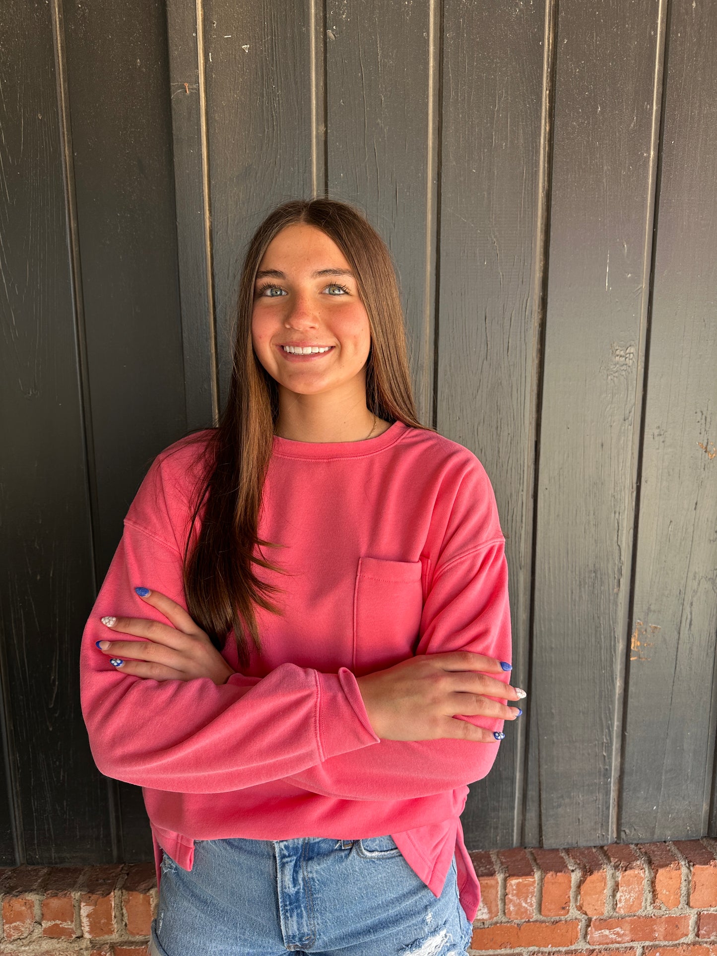 Taffy Pink Basic Crew Neck Single Pocket Pullover Sweatshirt