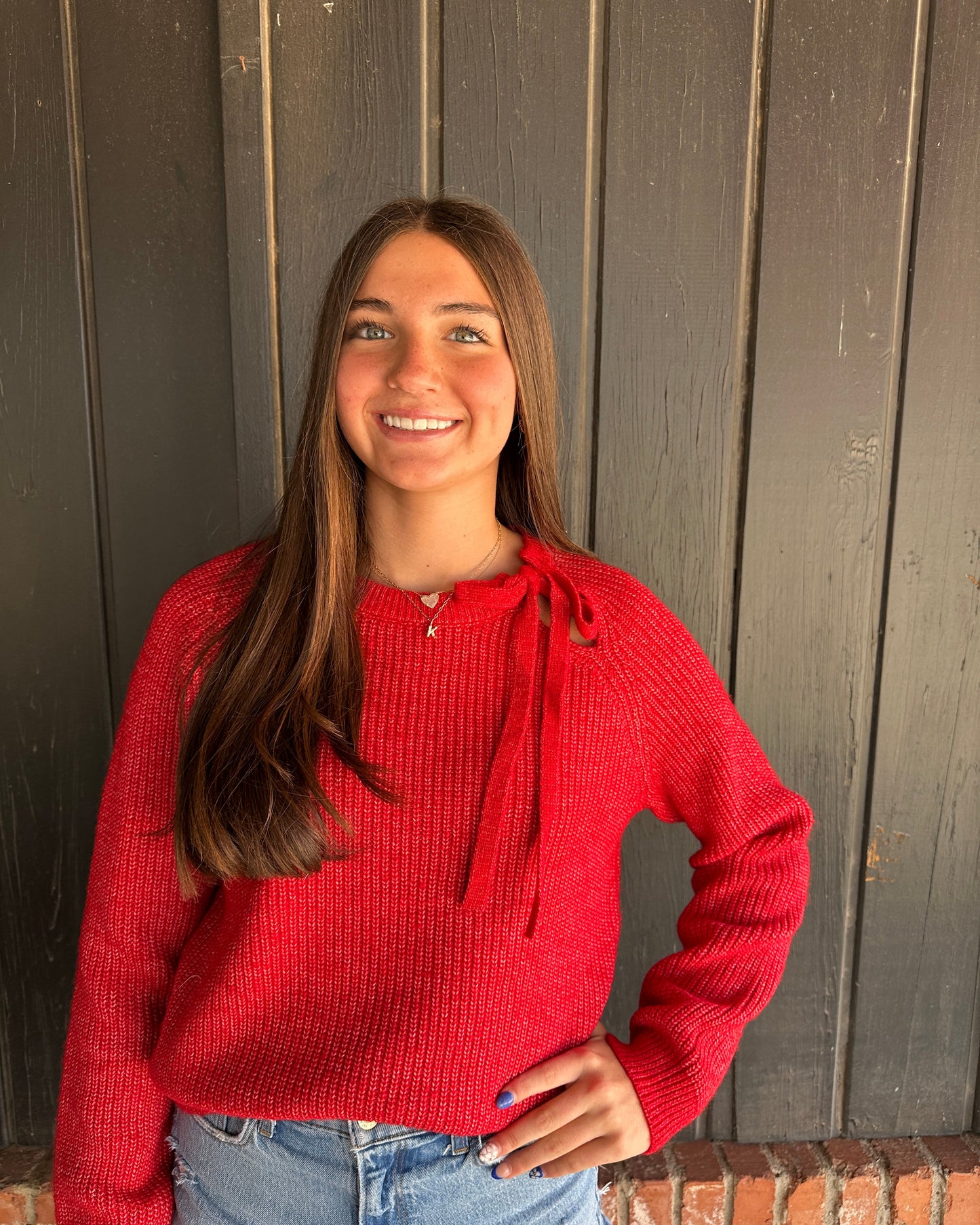 Red Cutout tie neck sweater