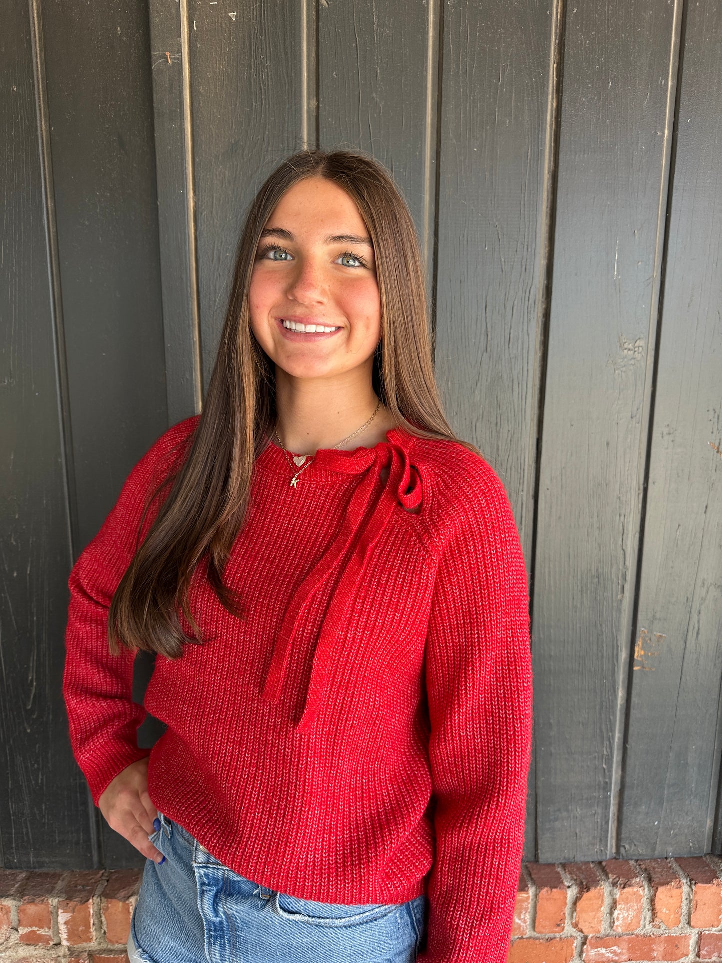 Red Cutout tie neck sweater
