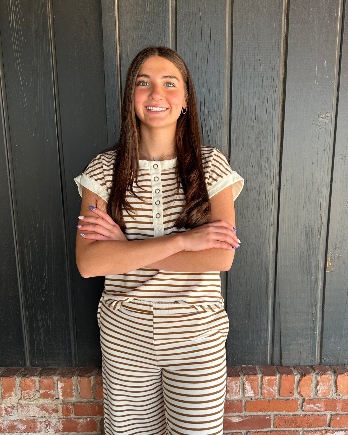 Brown Stripe Short Sleeve Snap Button Henley Knit Top