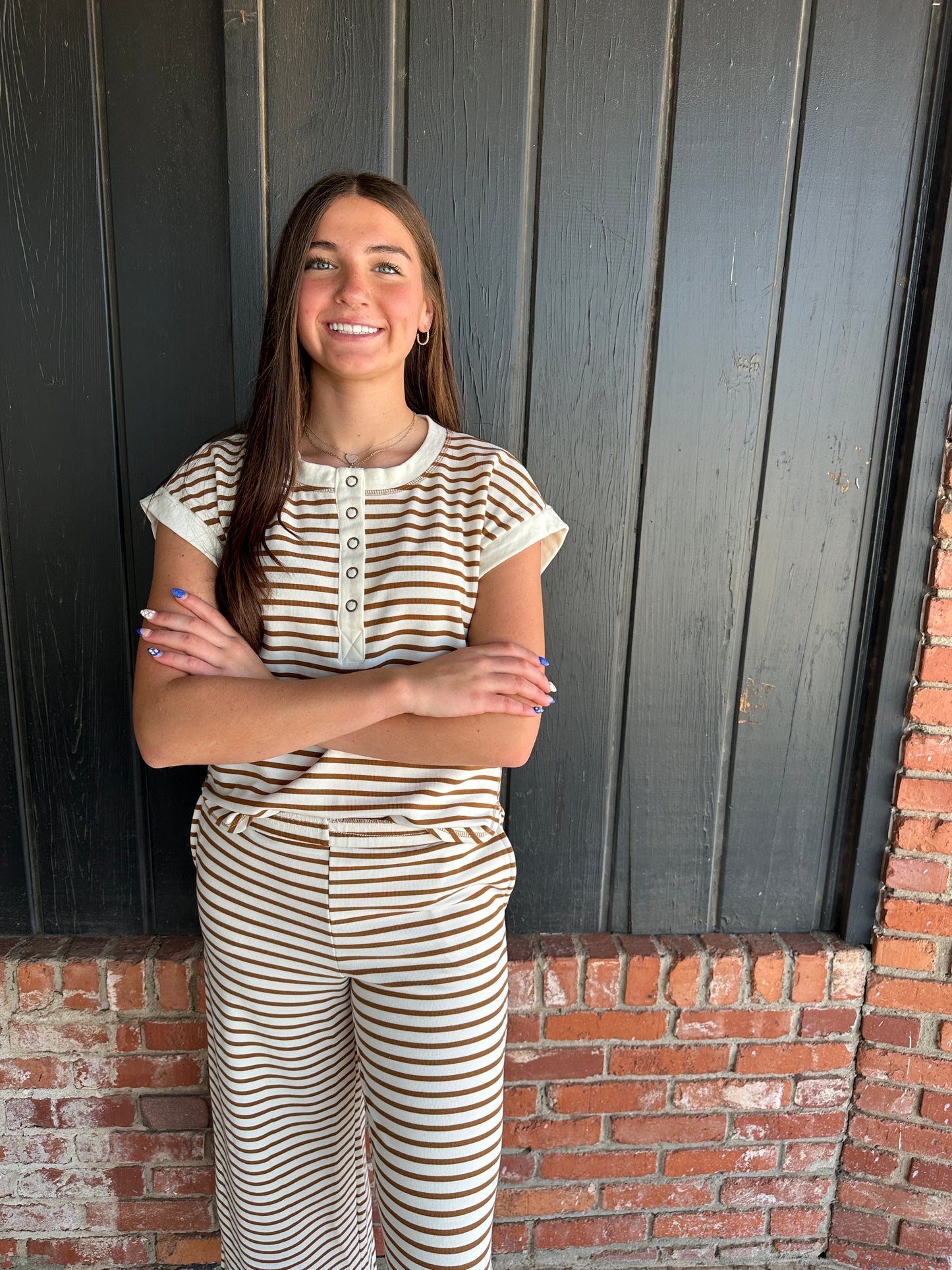 Brown Stripe Short Sleeve Snap Button Henley Knit Top