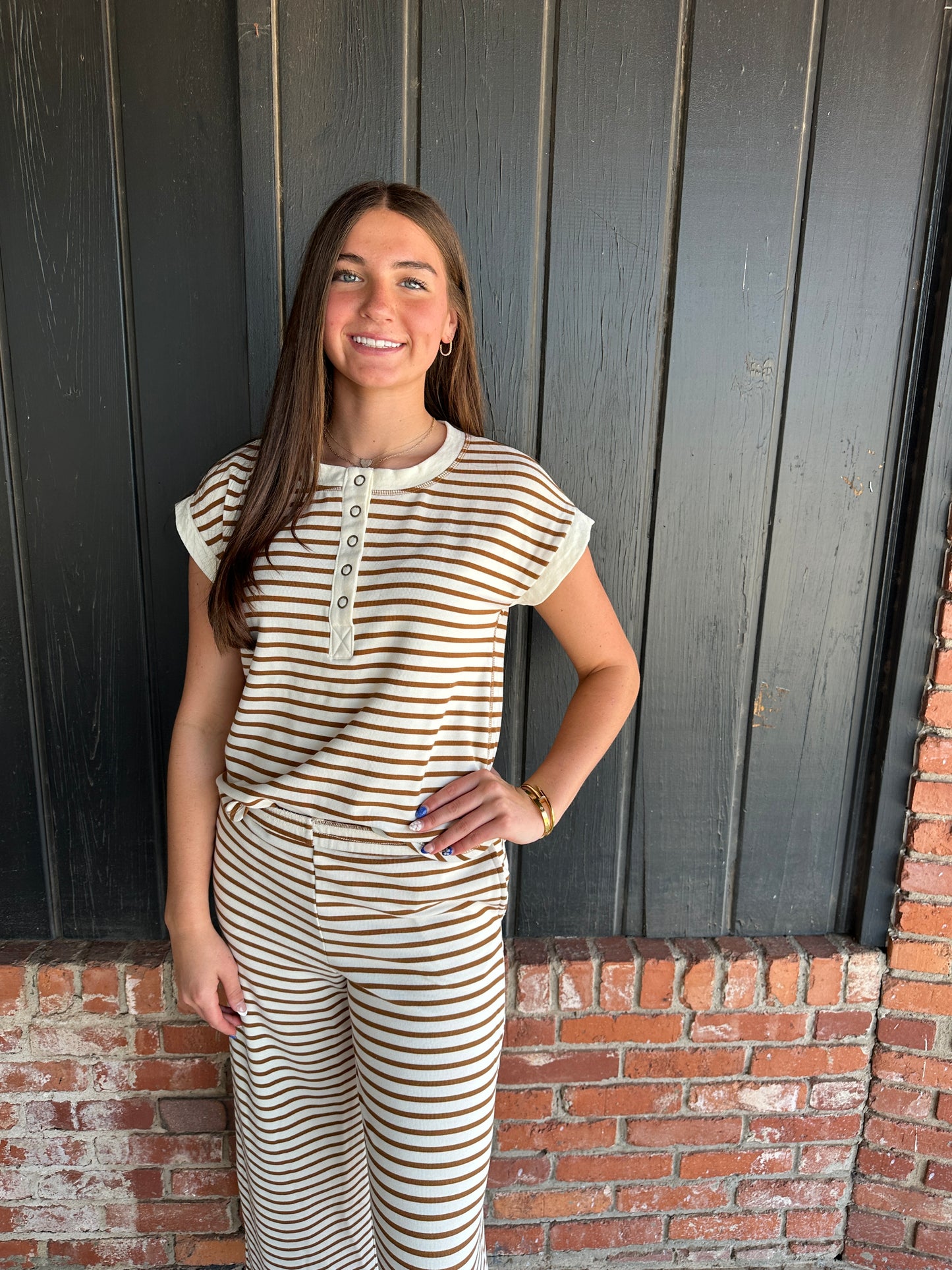 Brown Stripe Short Sleeve Snap Button Henley Knit Top
