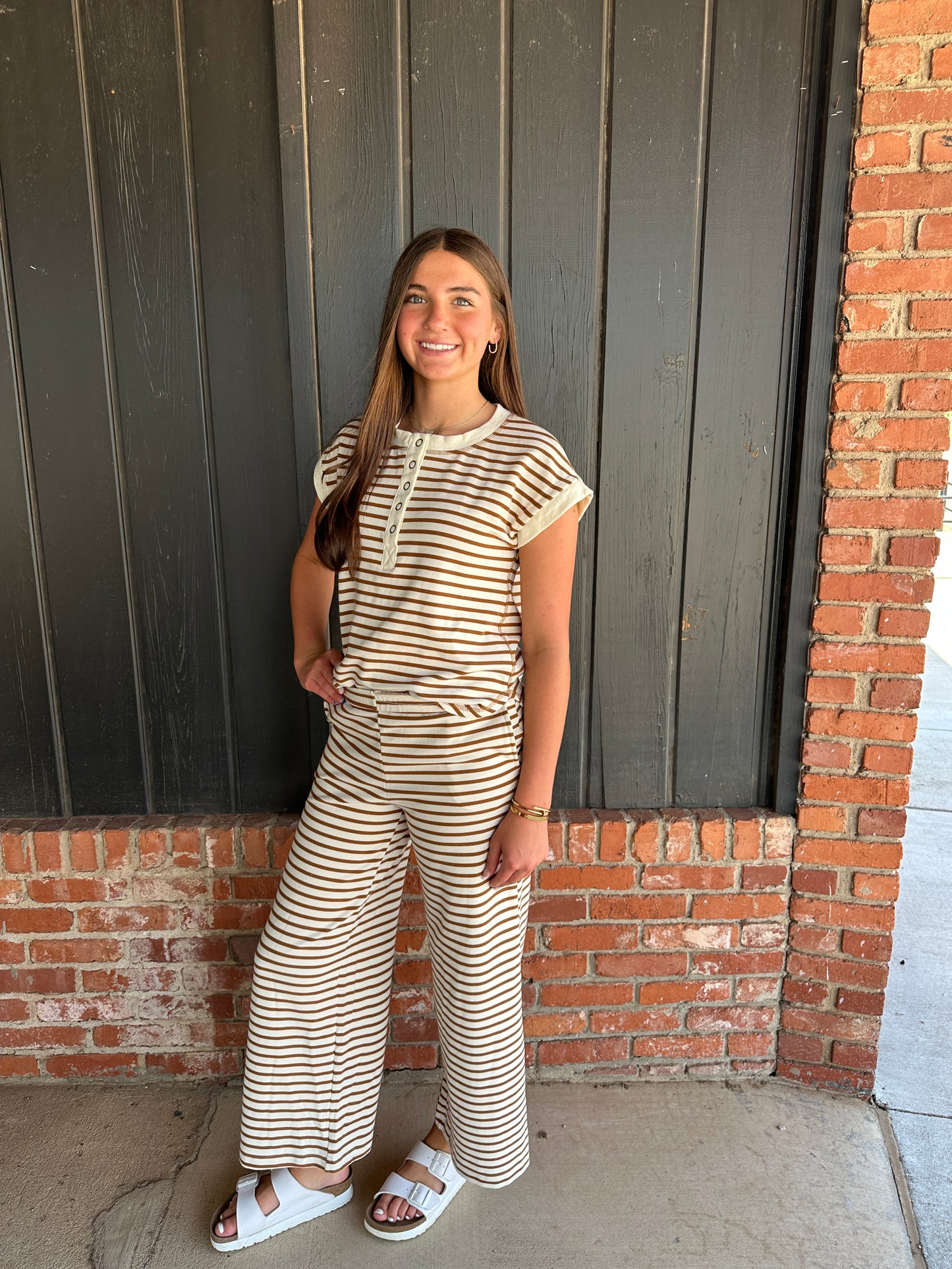 Brown Stripe Short Sleeve Snap Button Henley Knit Top