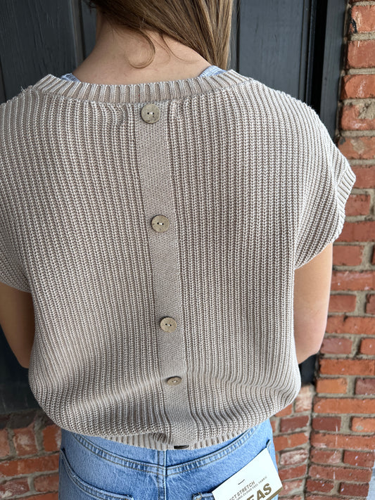 Tan Washed Knit Short Tab Sleeve Pullover Sweater Vest