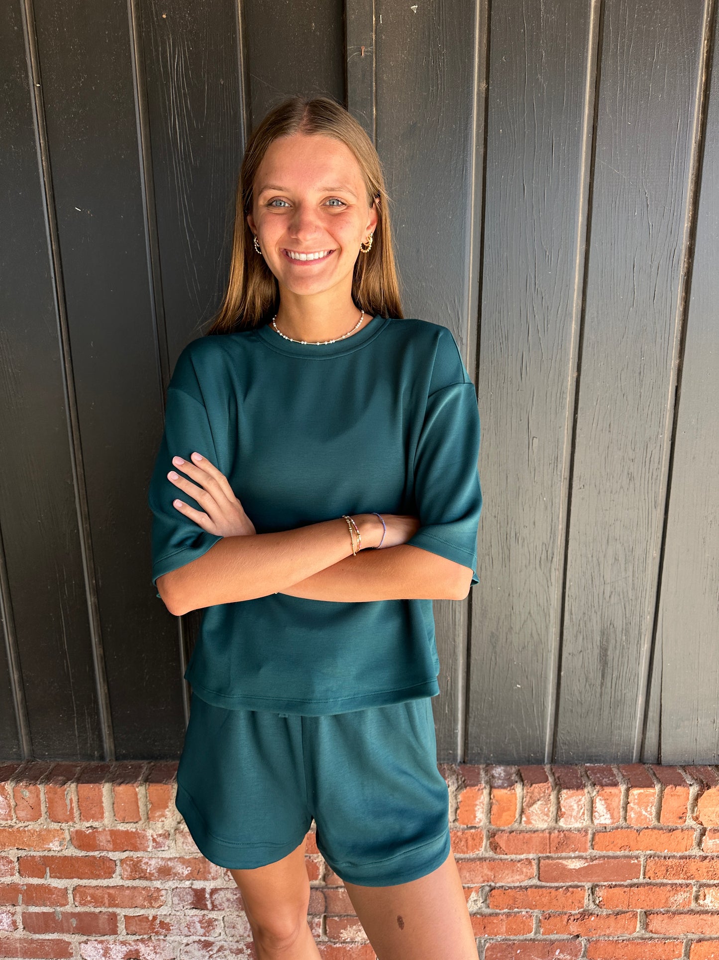 Deep Green Drop Shoulder Everyday Basic Top