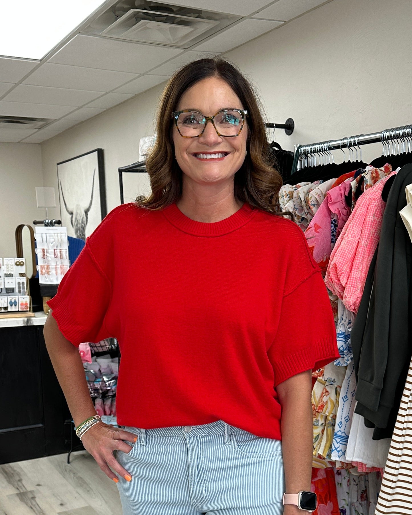 Red Drop Shoulder Sweater with Raw edge
