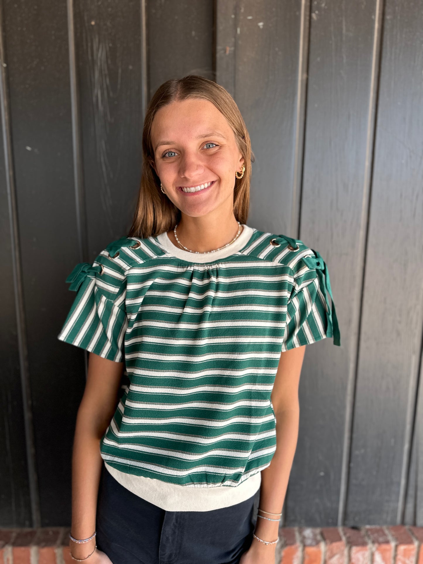 Green Lace Up Grommet Detail Striped Knit Top
