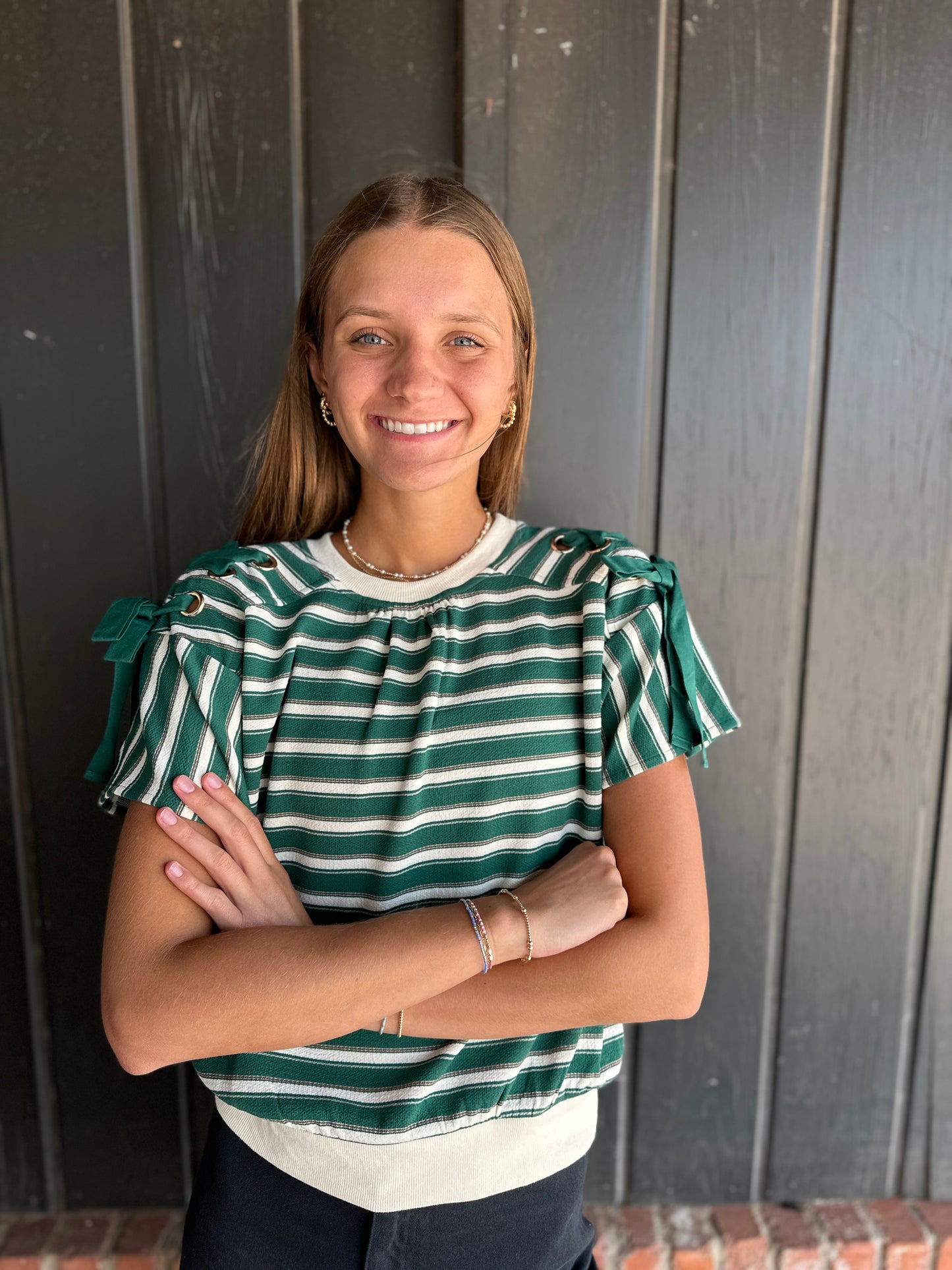 Green Lace Up Grommet Detail Striped Knit Top