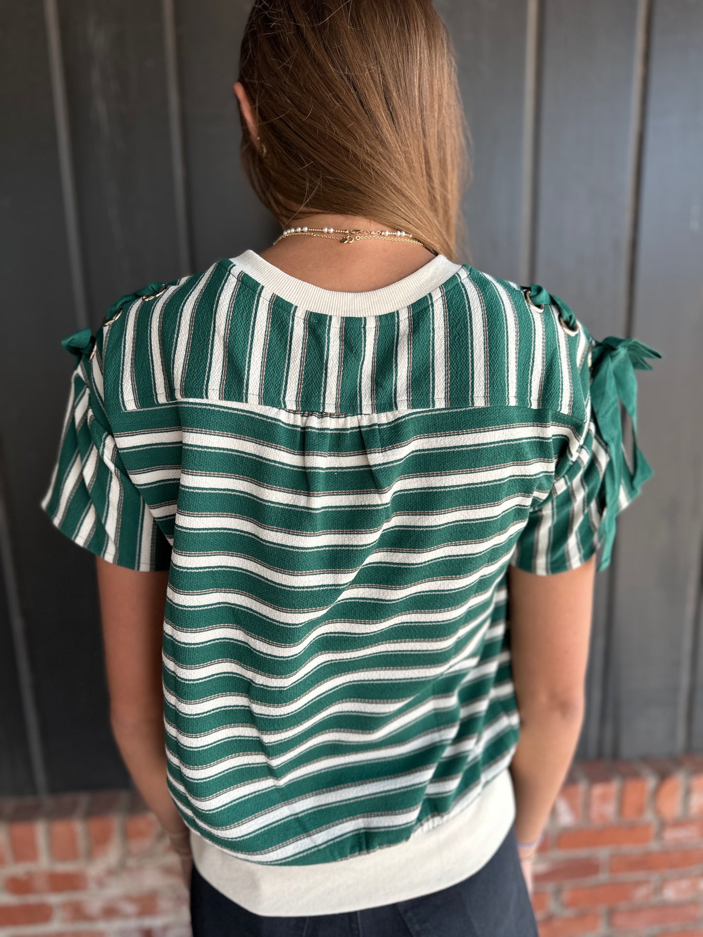 Green Lace Up Grommet Detail Striped Knit Top