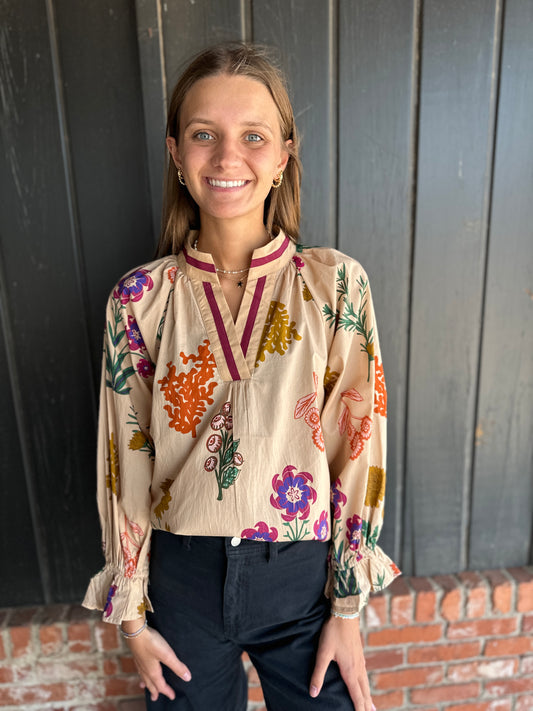 Tan Floral V Neck Top