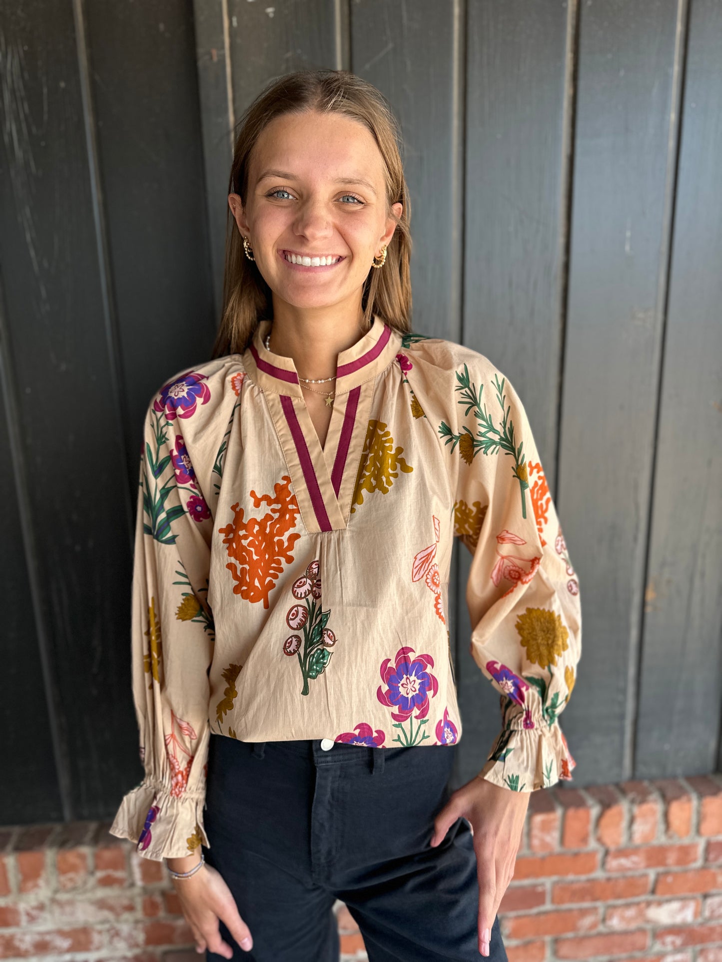 Tan Floral V Neck Top