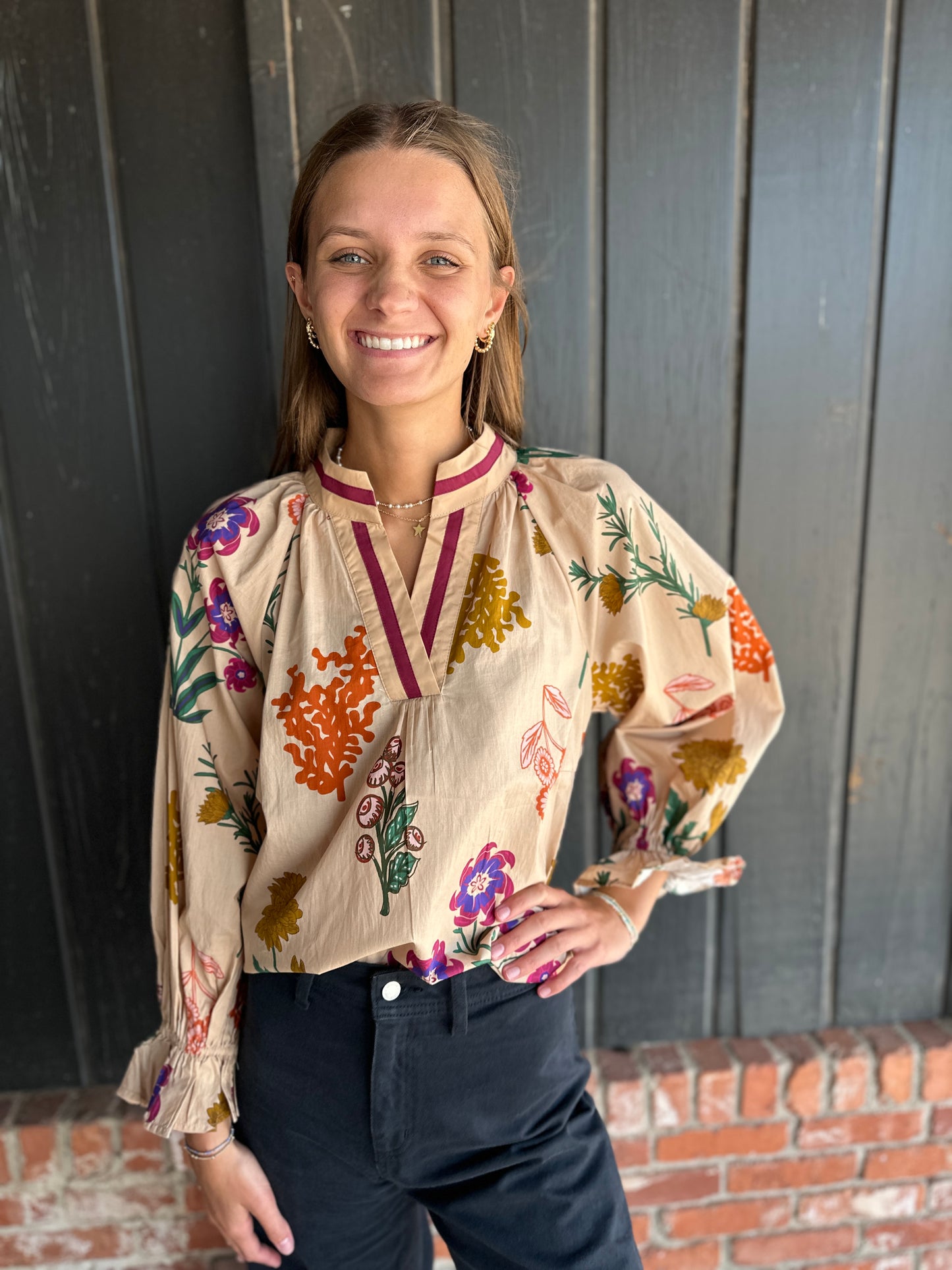 Tan Floral V Neck Top